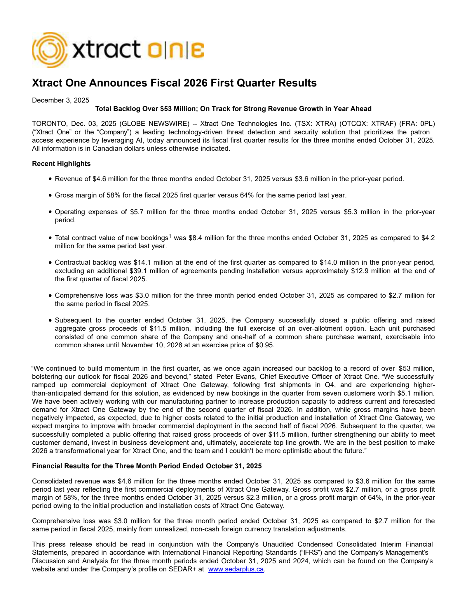 Xtract One Technologies' Q1 2026 Earnings Release