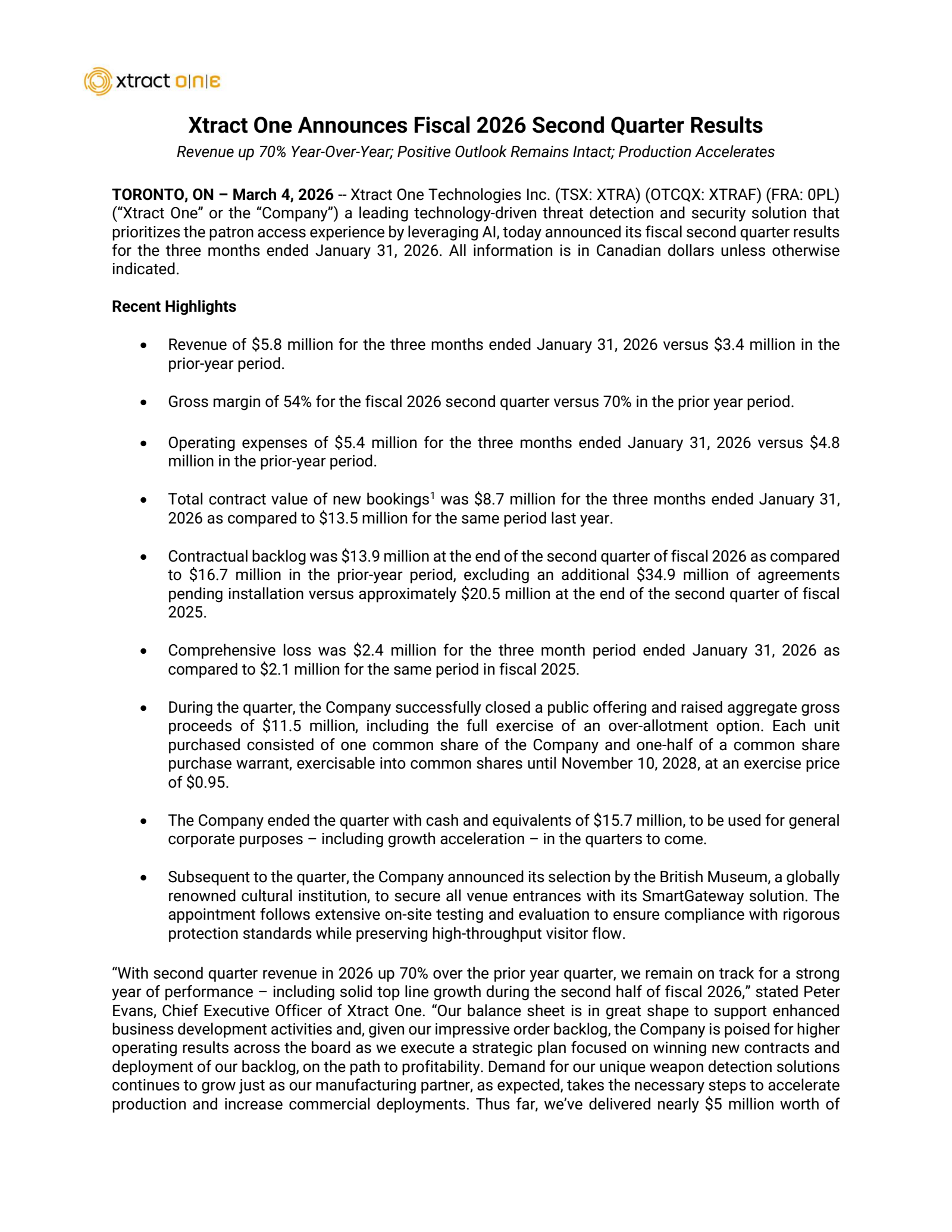 Xtract One Technologies' Q2 2026 Press Release