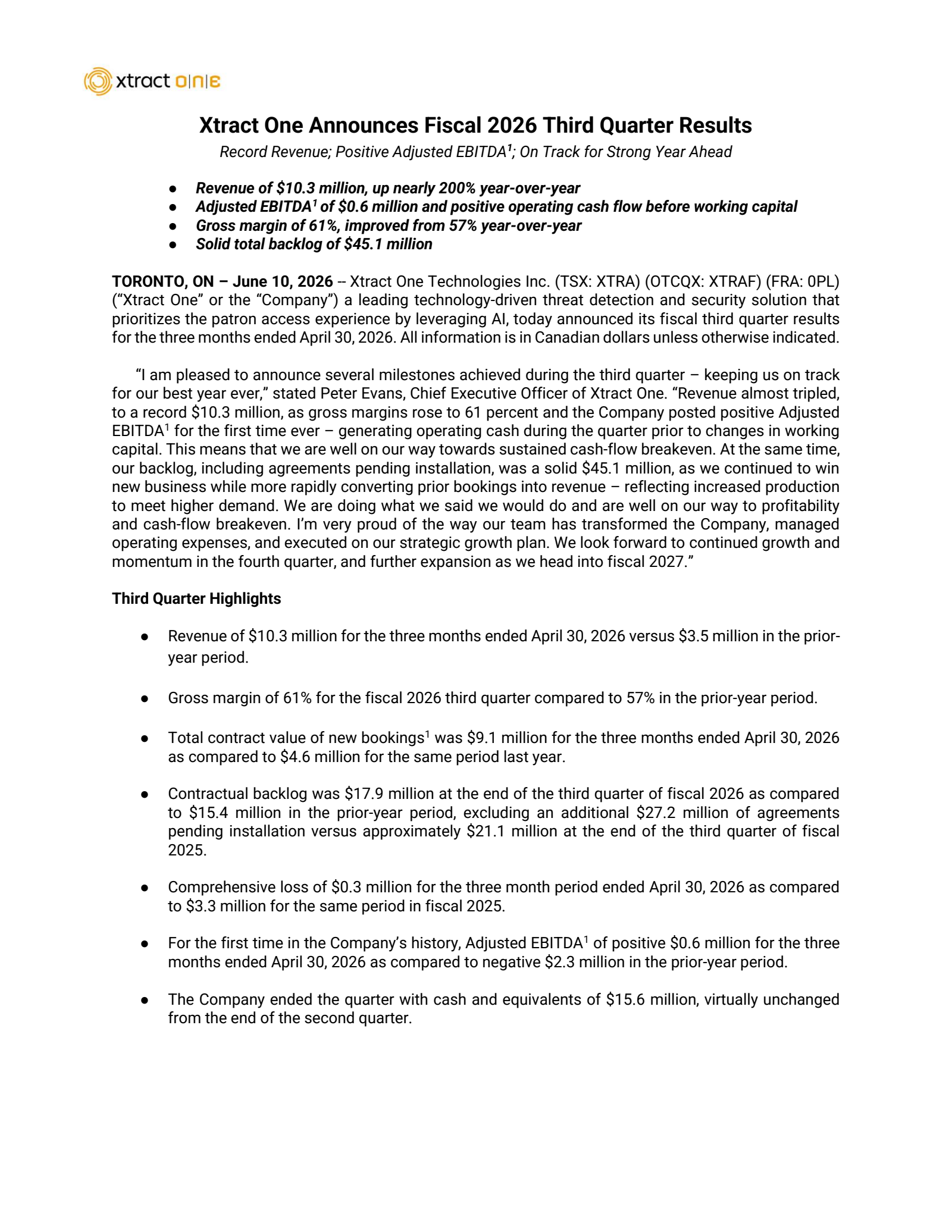 Xtract One Technologies' Q3 2026 Press Release