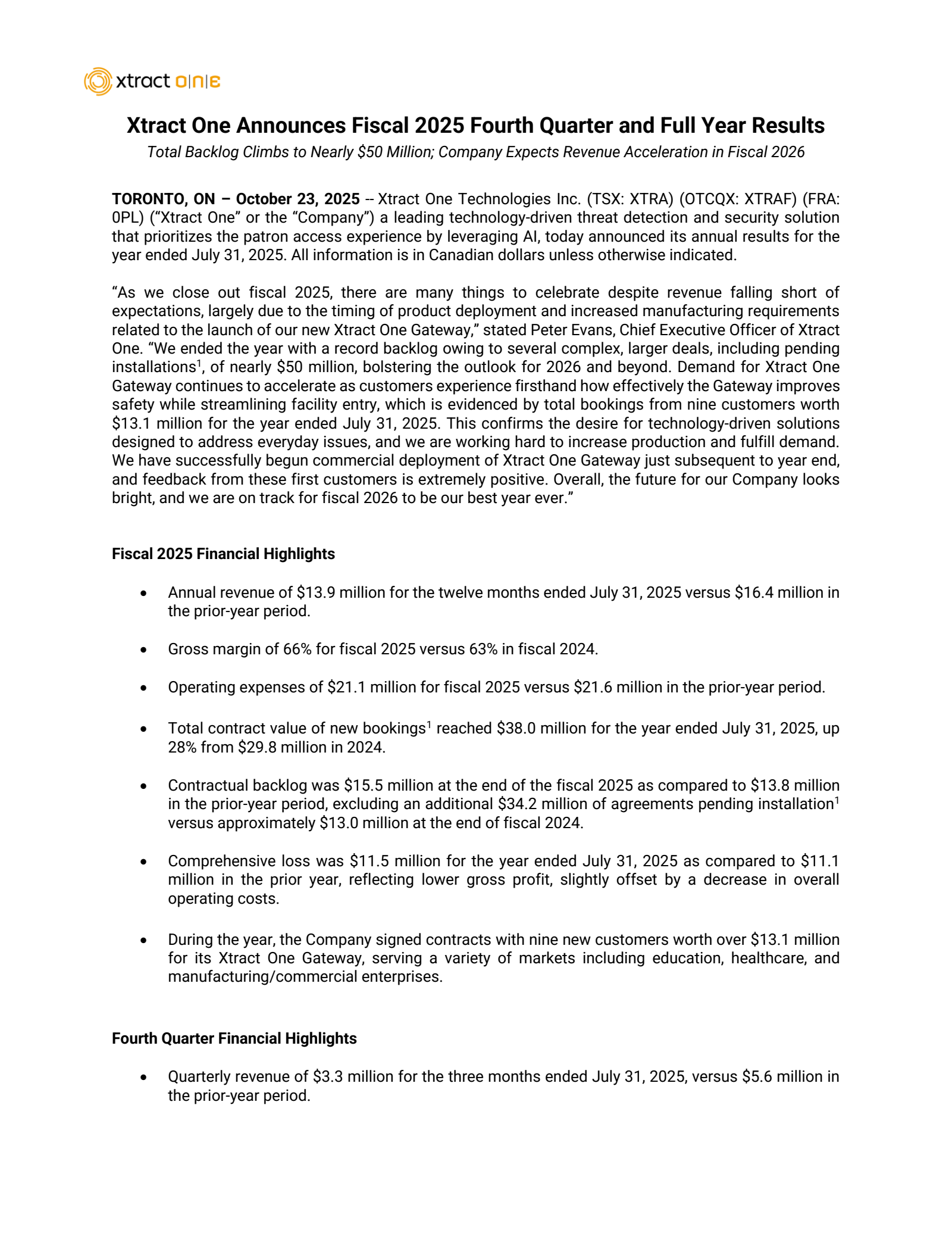 Xtract One Technologies' Q4 2025 Earnings Release