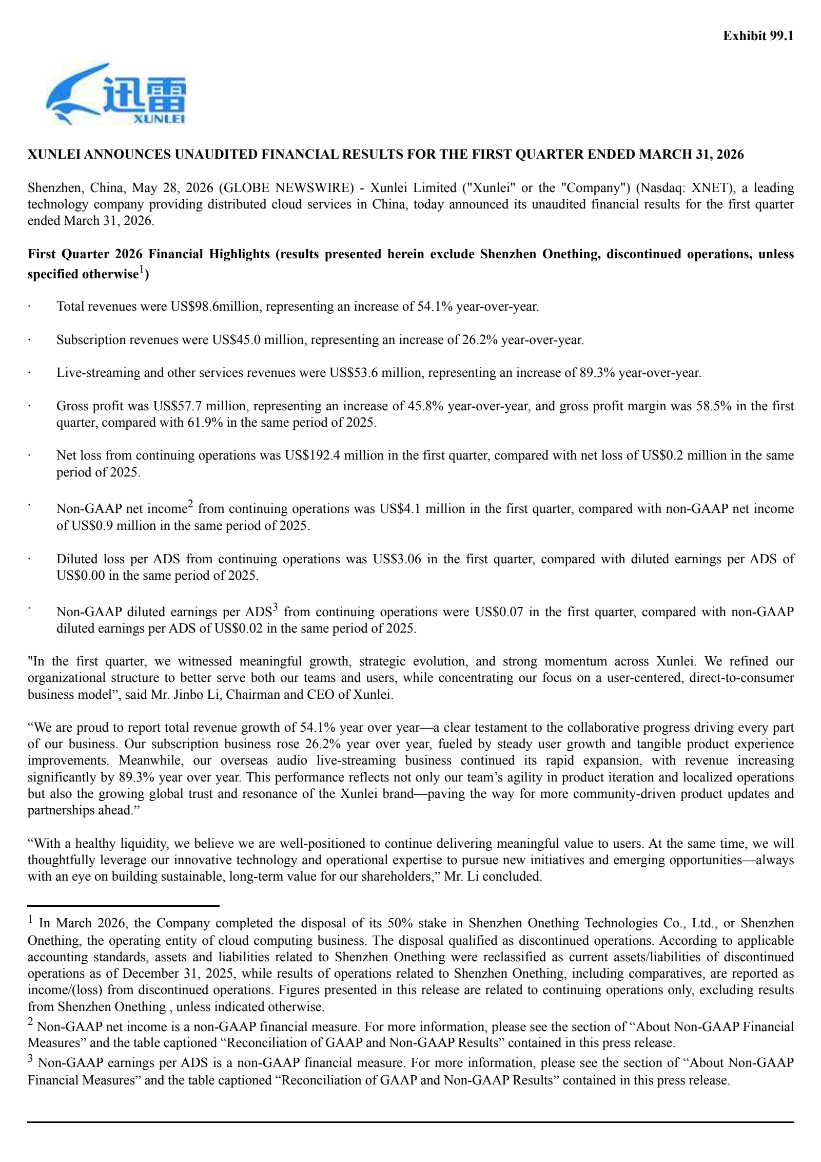 Xunlei's Q1 2026 Press Release