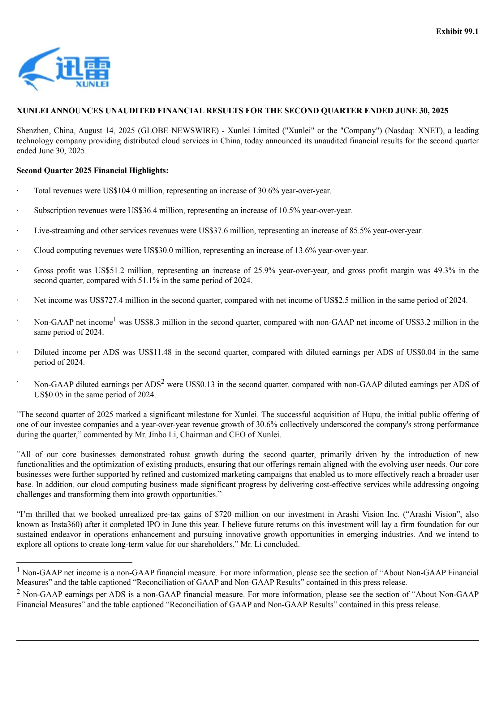 Xunlei's Q2 2025 Press Release