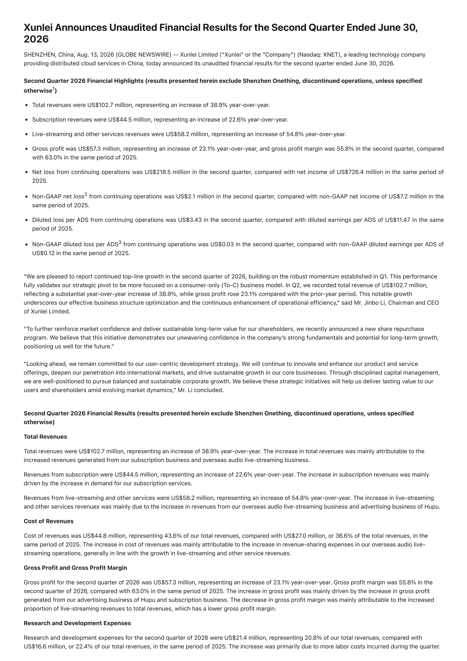 Xunlei's Q2 2026 Press Release
