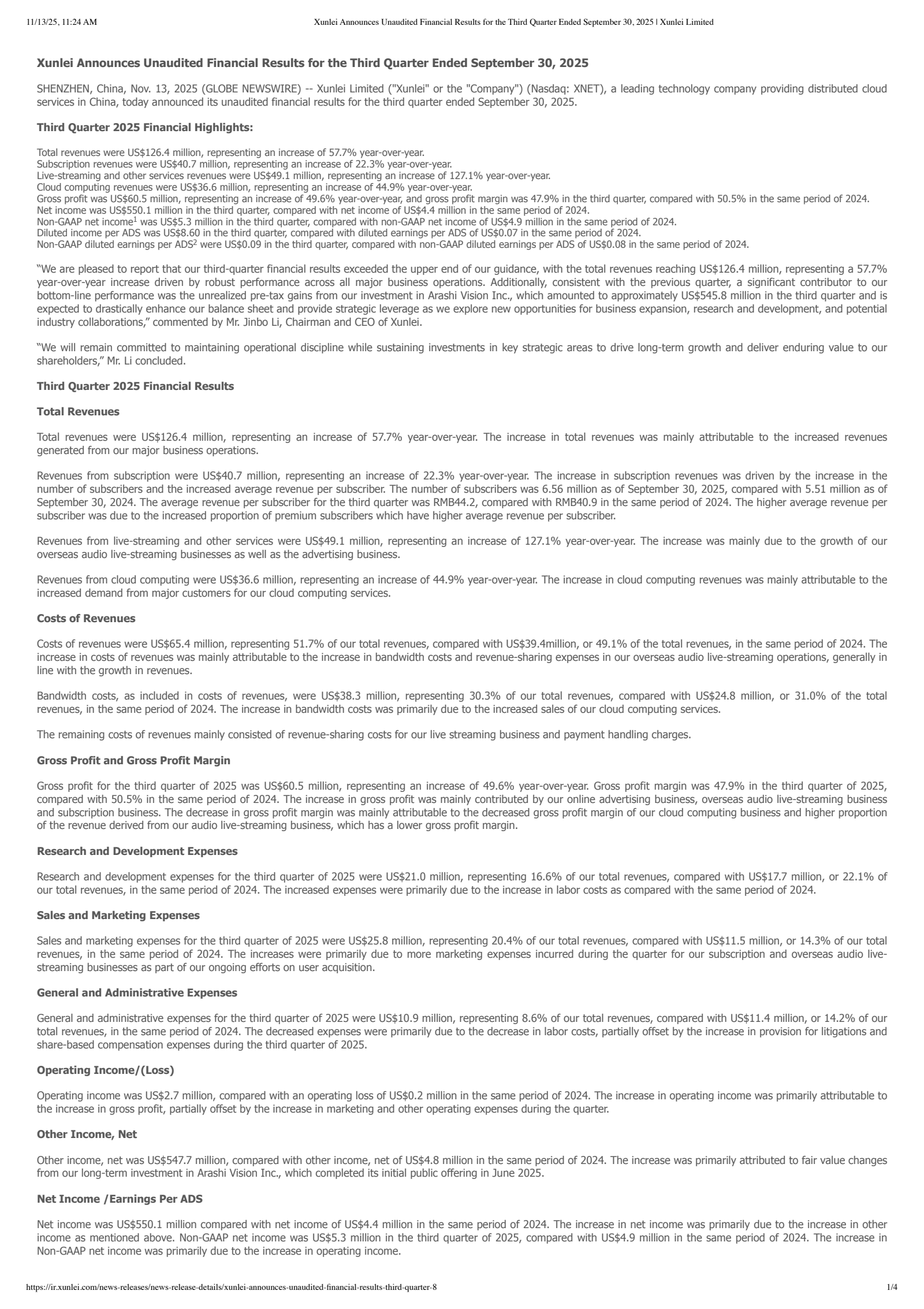 Xunlei's Q3 2025 Earnings Release