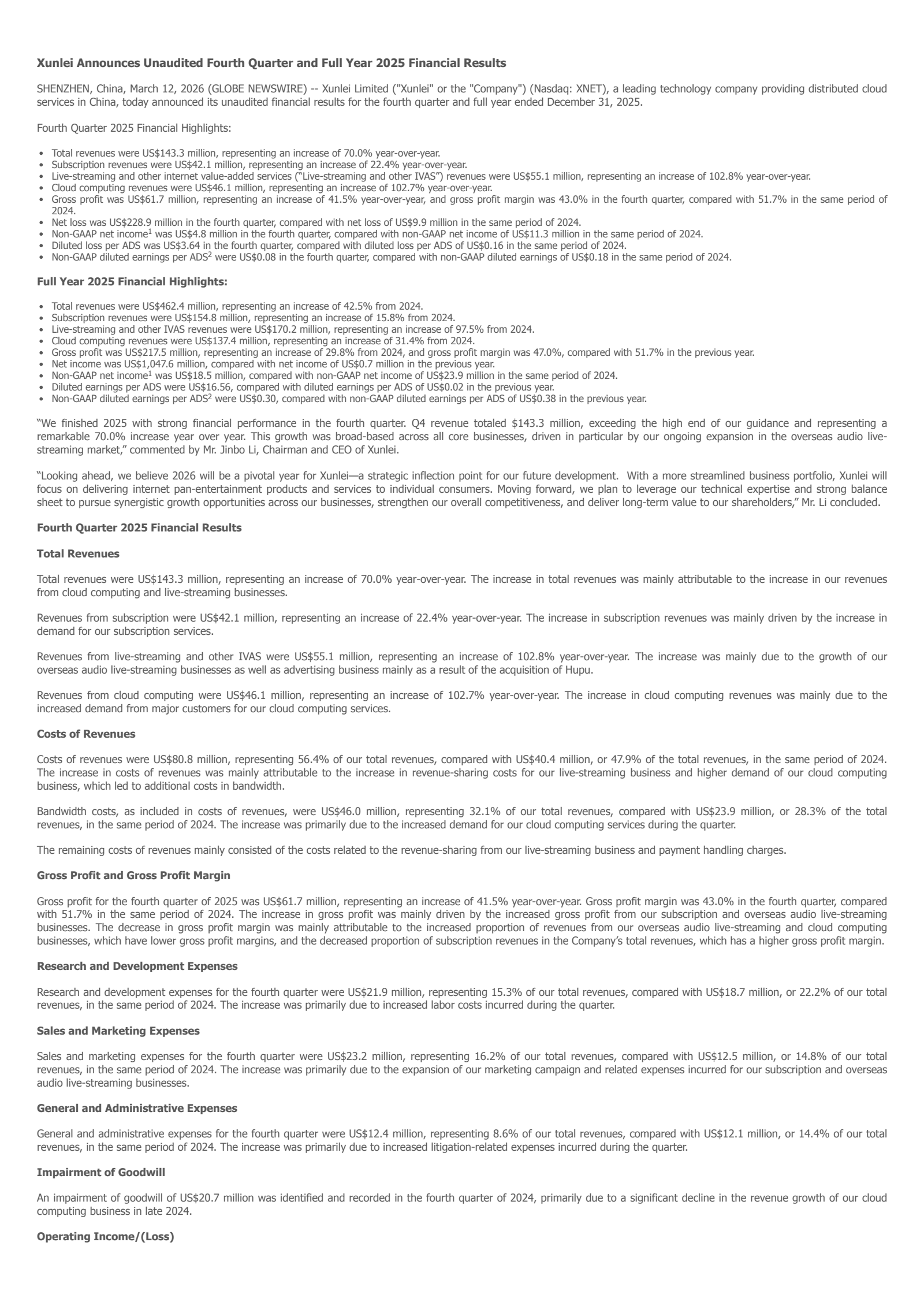 Xunlei's Q4 2025 Press Release
