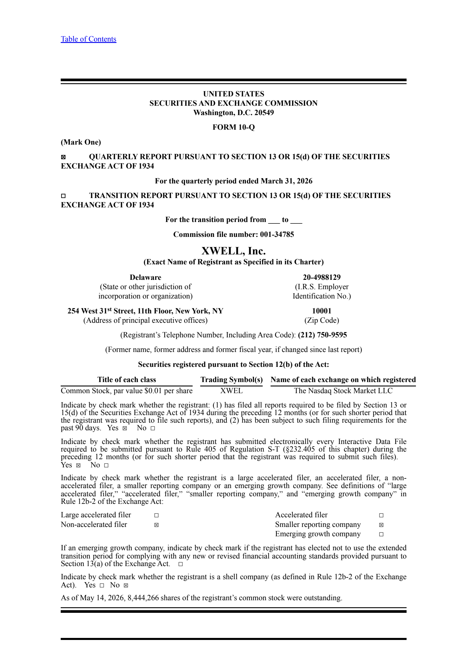 XWELL's Q1 2026 Quarterly report