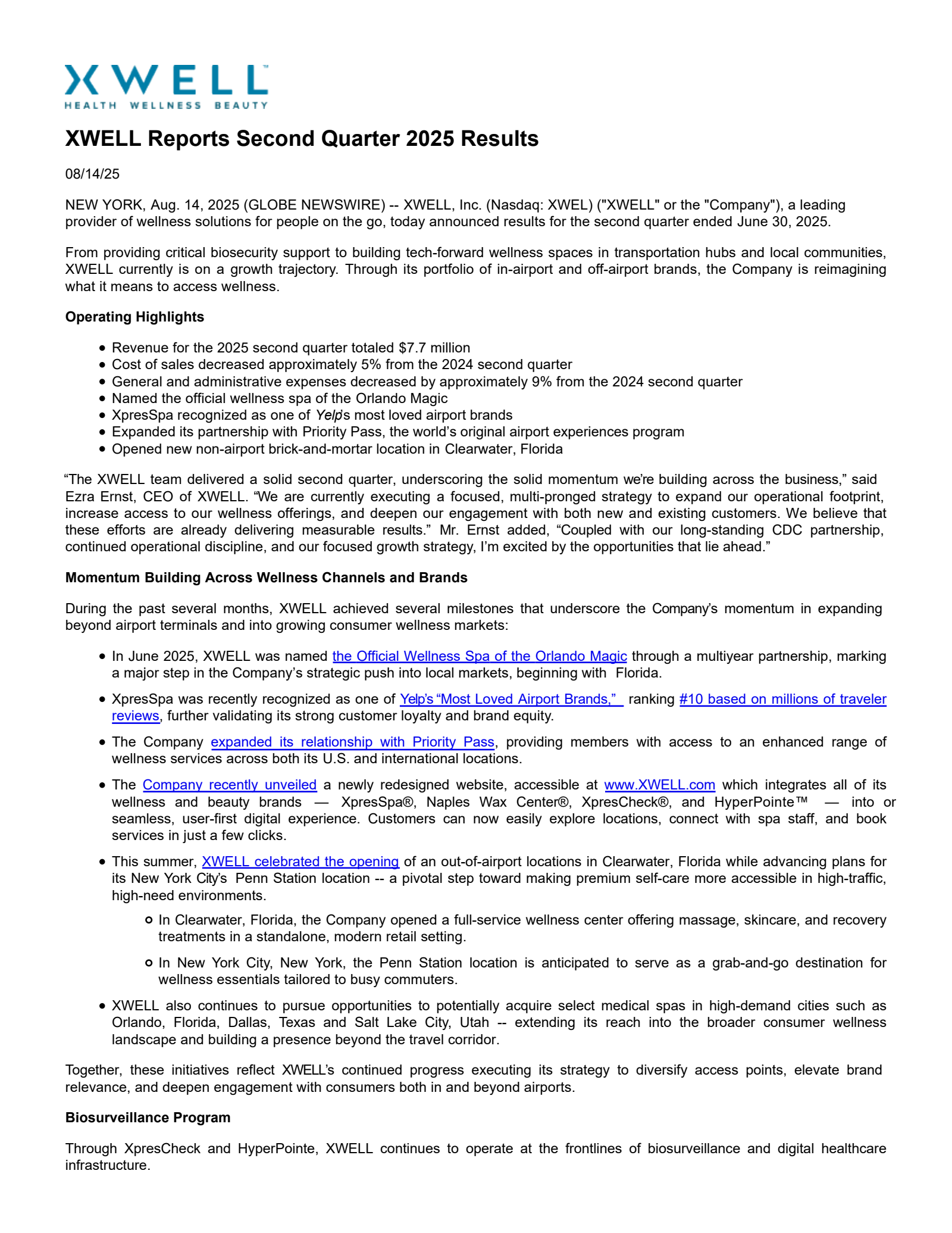 XWELL's Q2 2025 Press Release