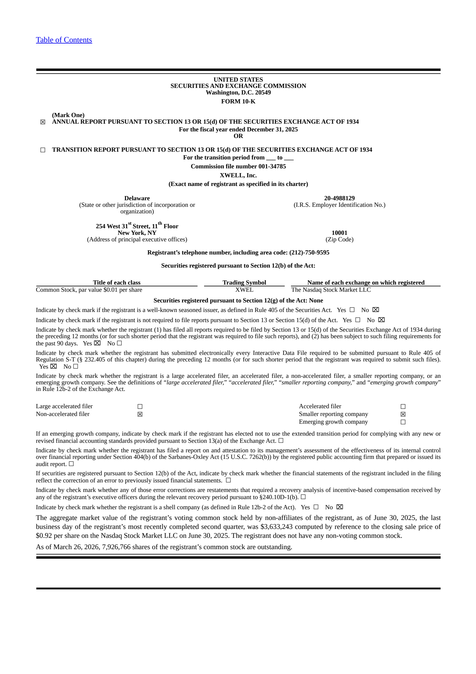XWELL's Q4 2025 Annual report