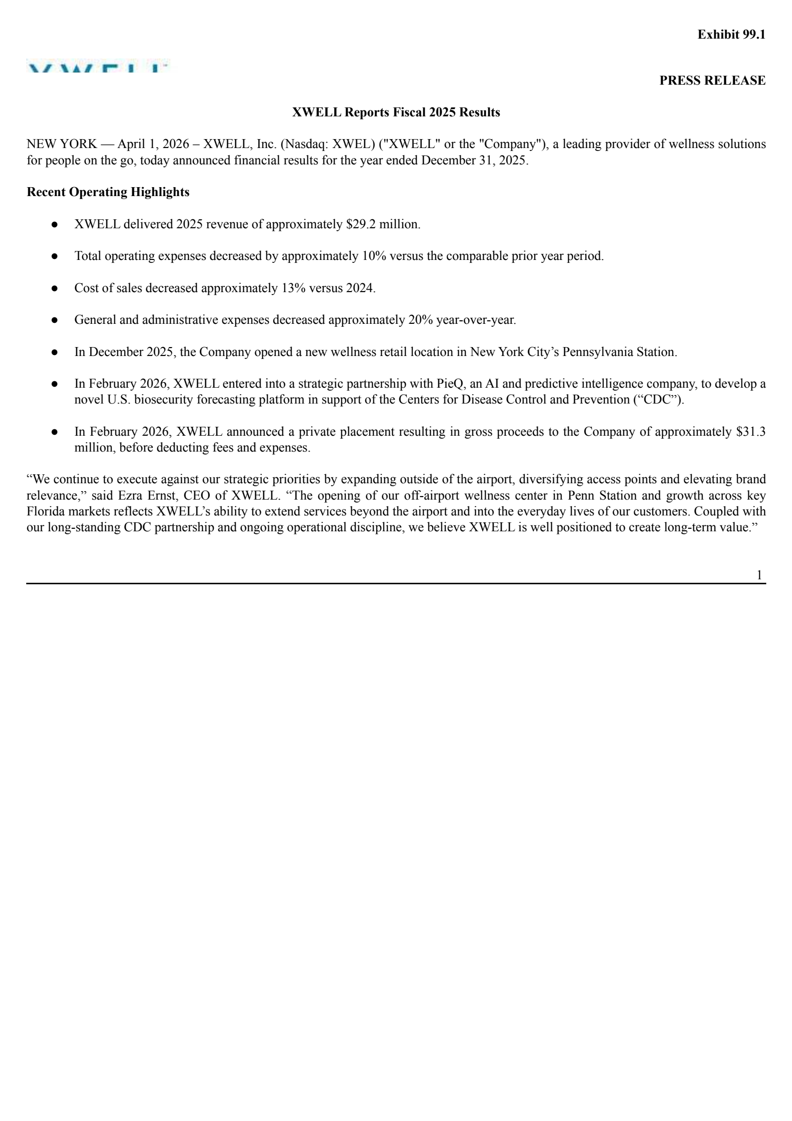 XWELL's Q4 2025 Press Release