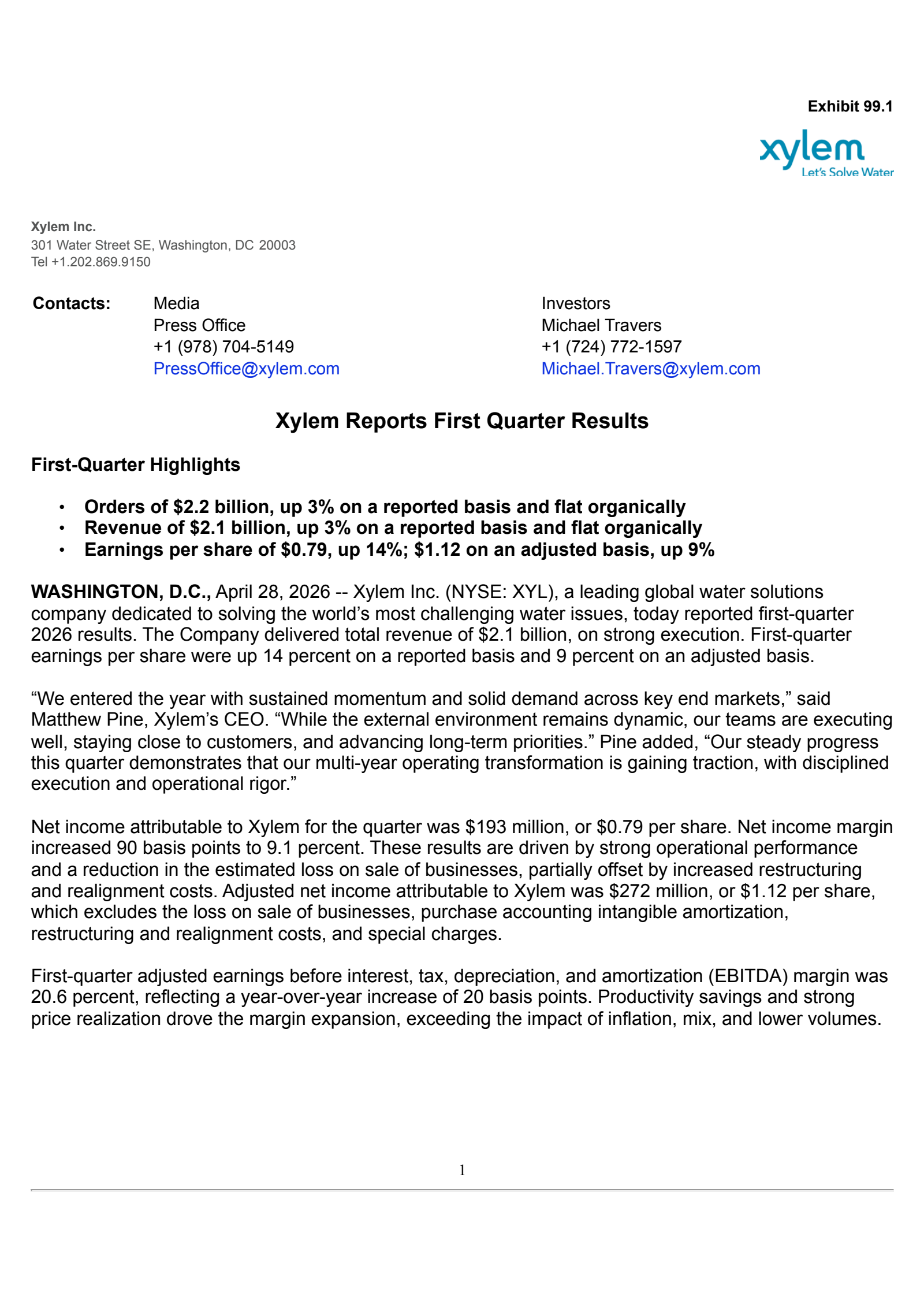 Xylem's Q1 2026 Press Release