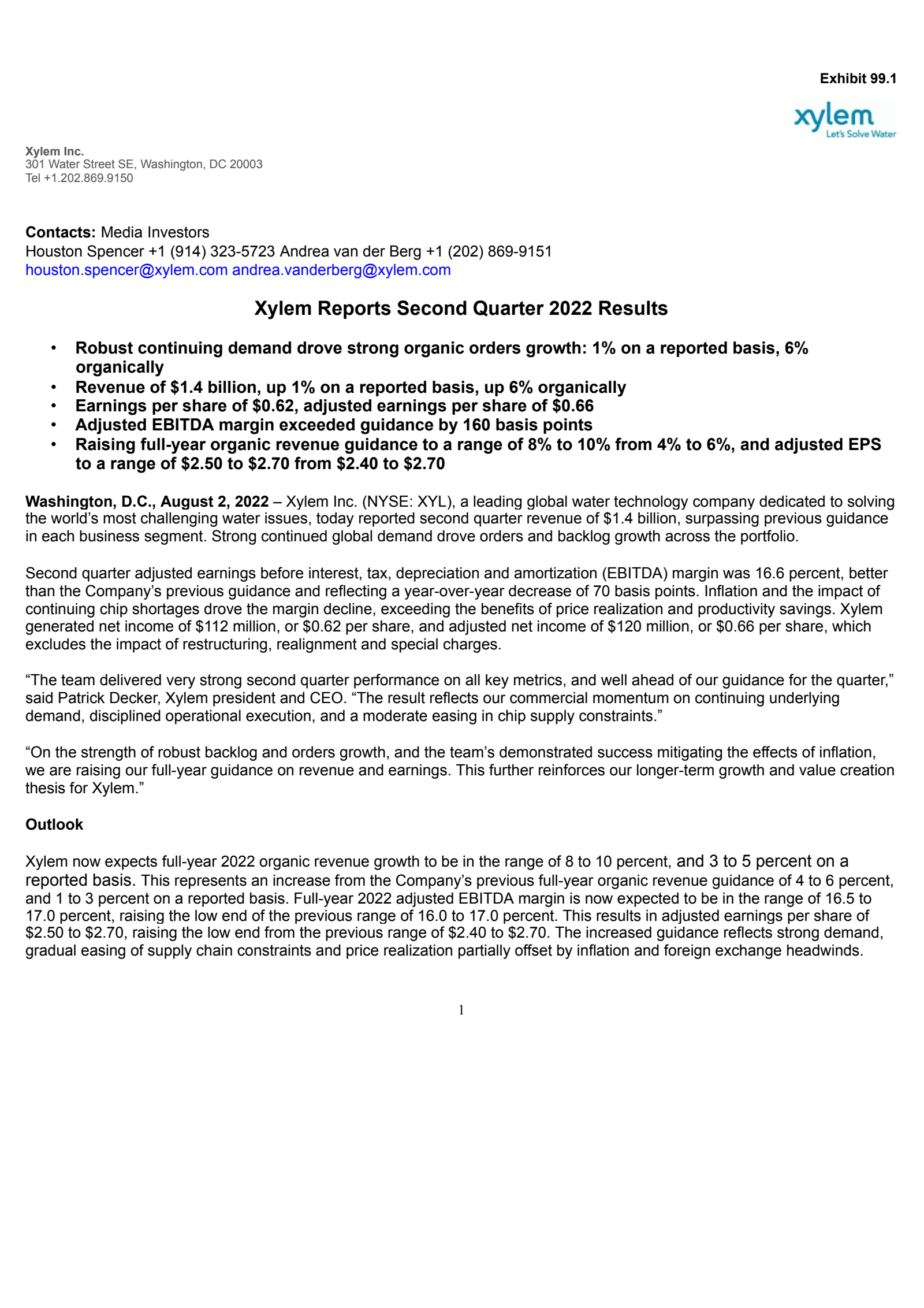 Xylem's Q2 2022 Press Release