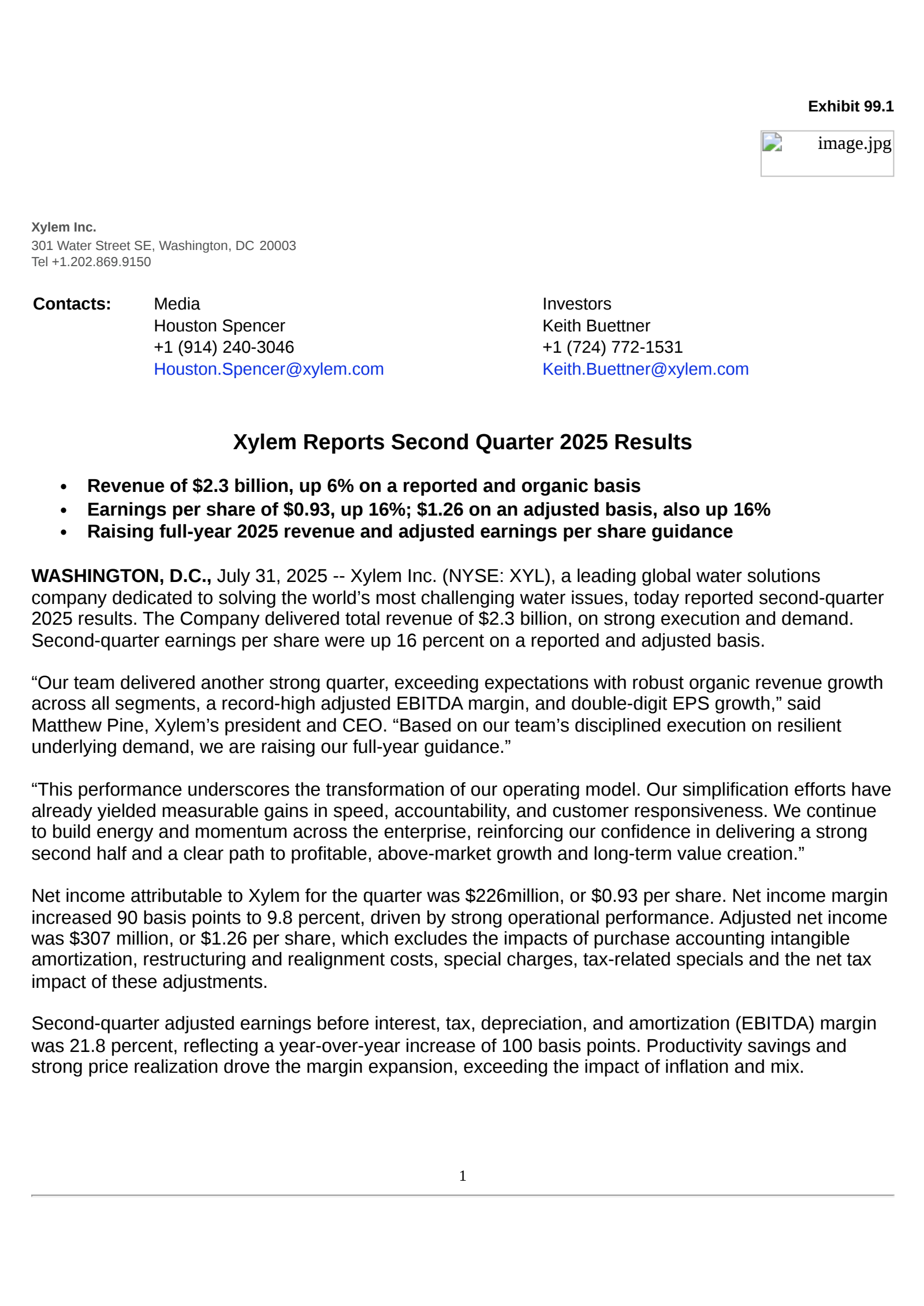 Xylem's Q2 2025 Press Release