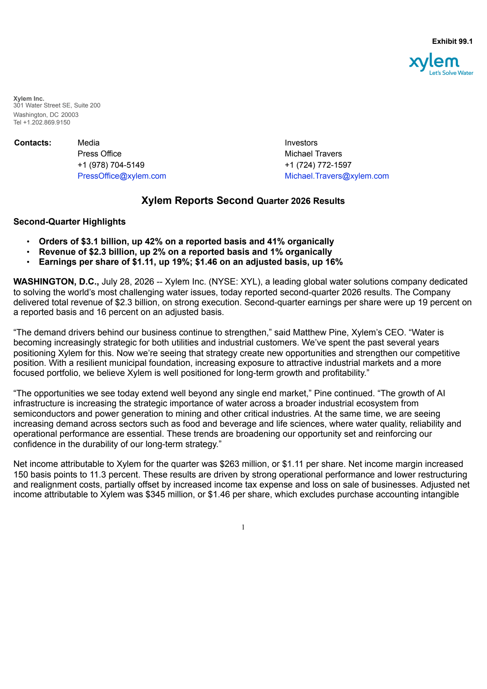 Xylem's Q2 2026 Press Release