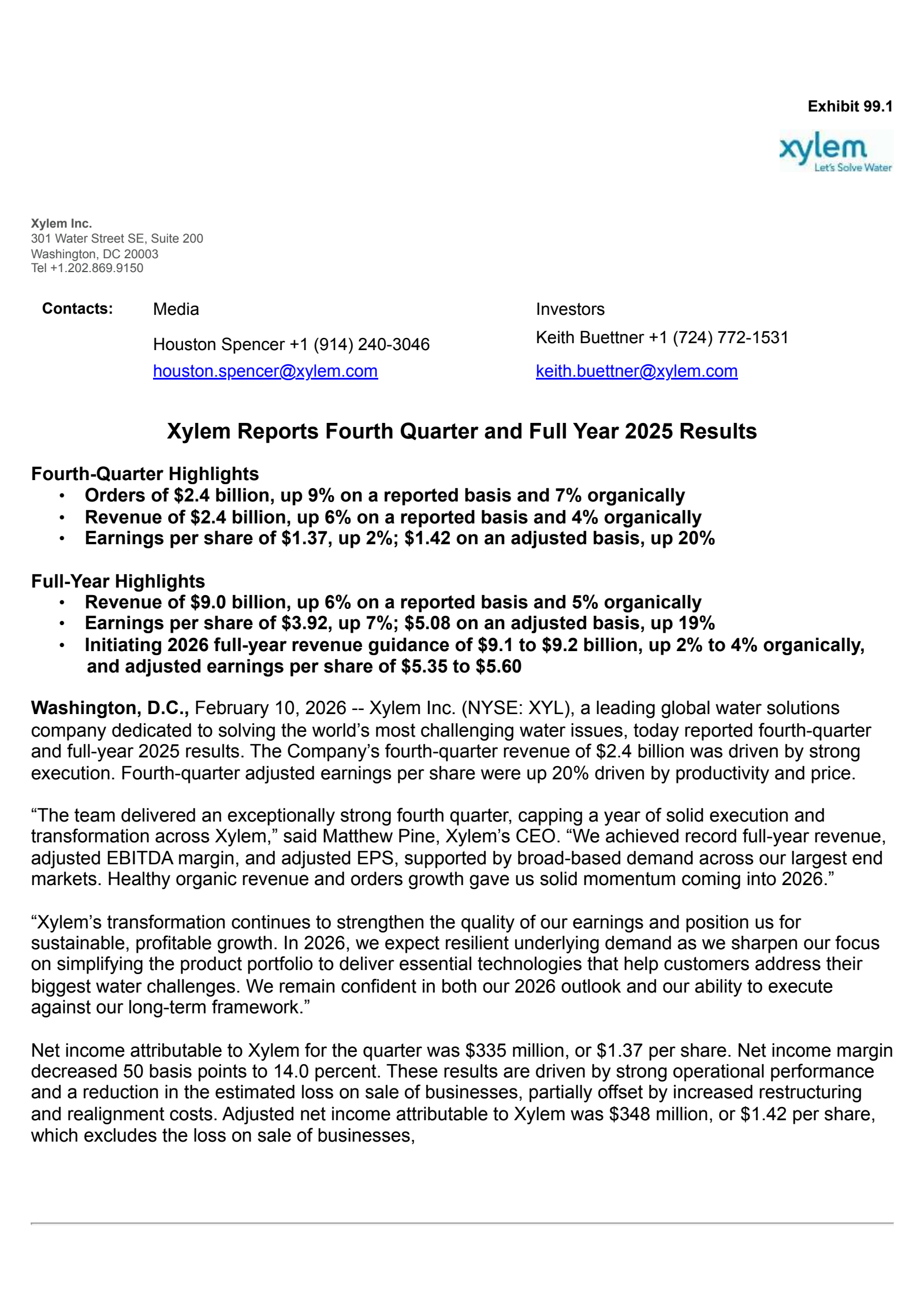 Xylem's Q4 2025 Press Release