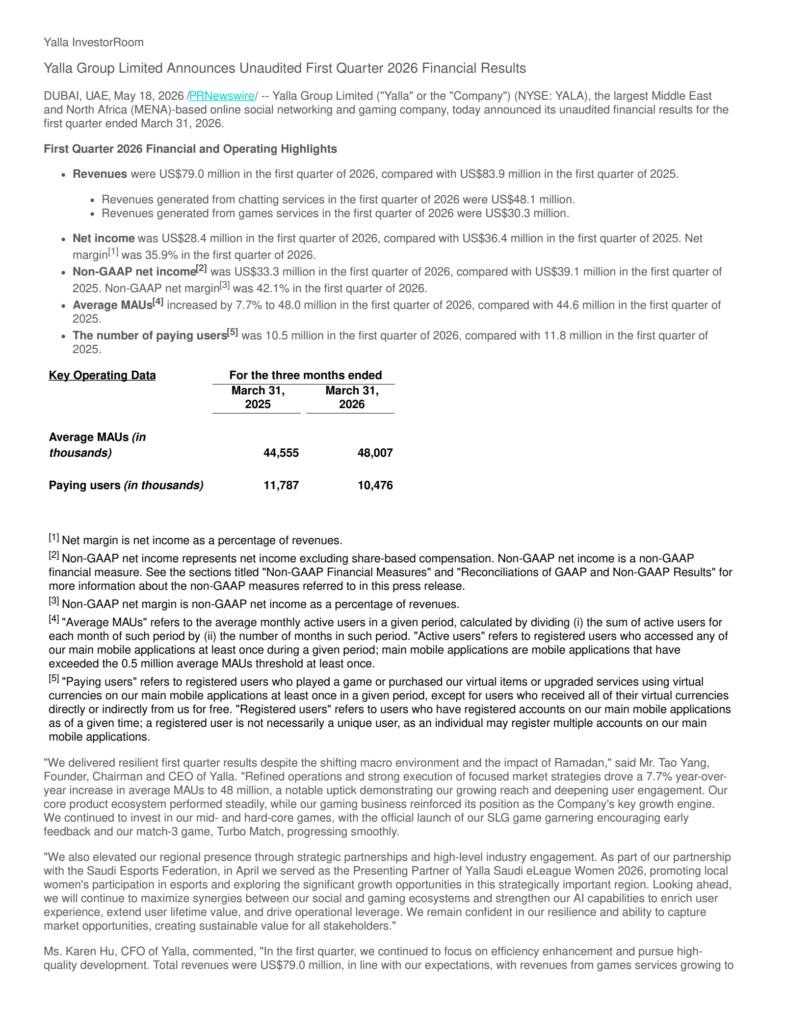 Yalla Group's Q1 2026 Press Release