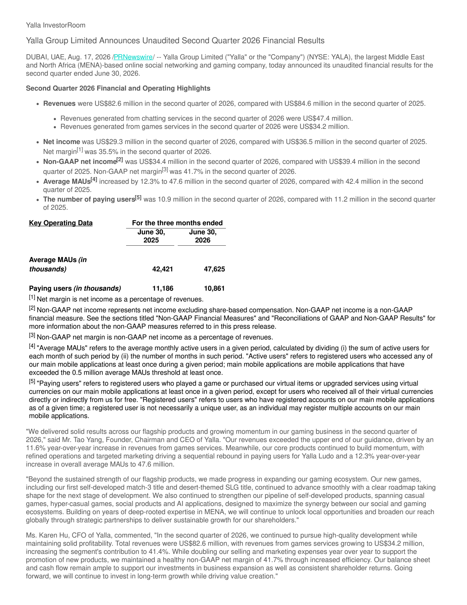 Yalla Group's Q2 2026 Press Release