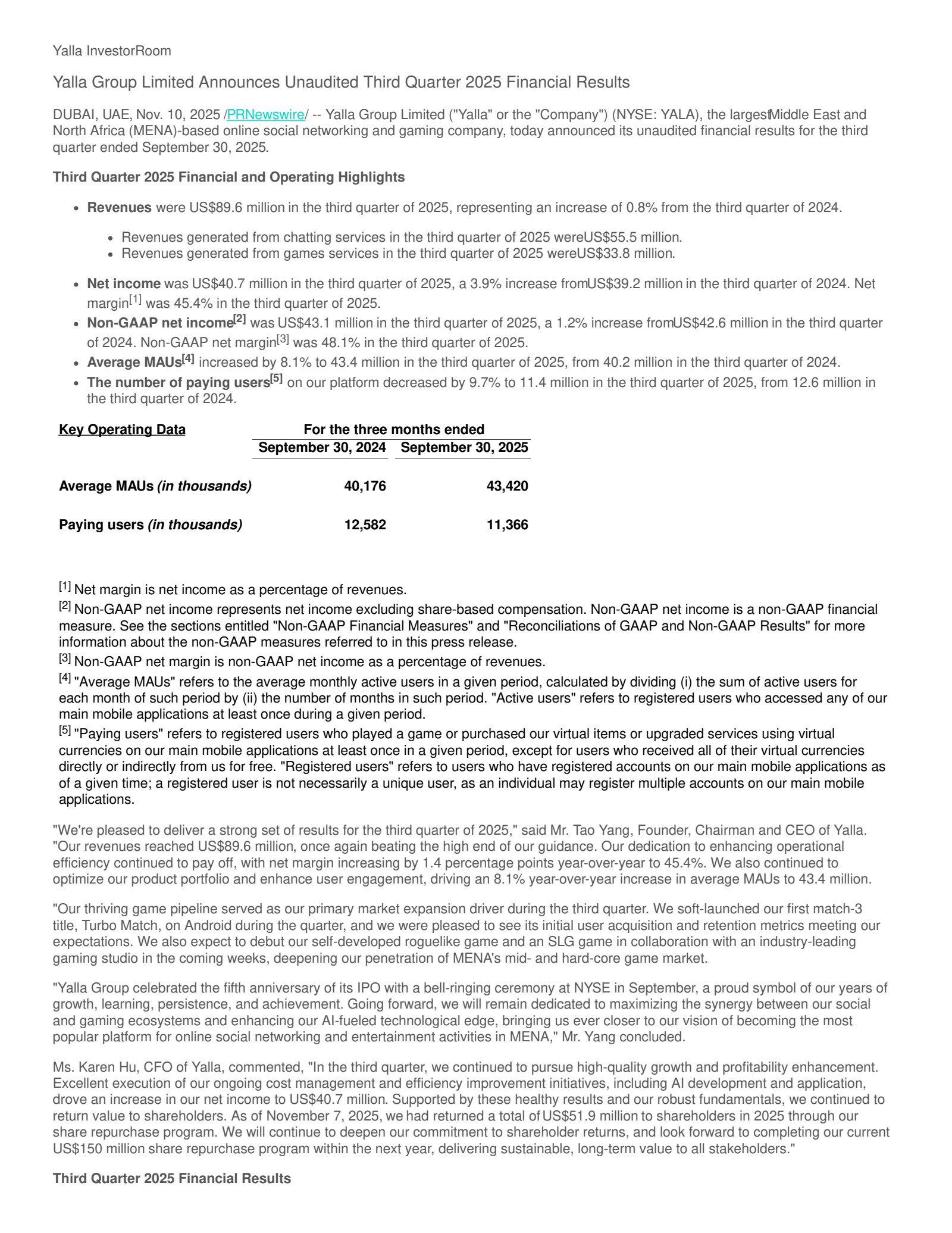 Yalla Group's Q3 2025 Earnings Release
