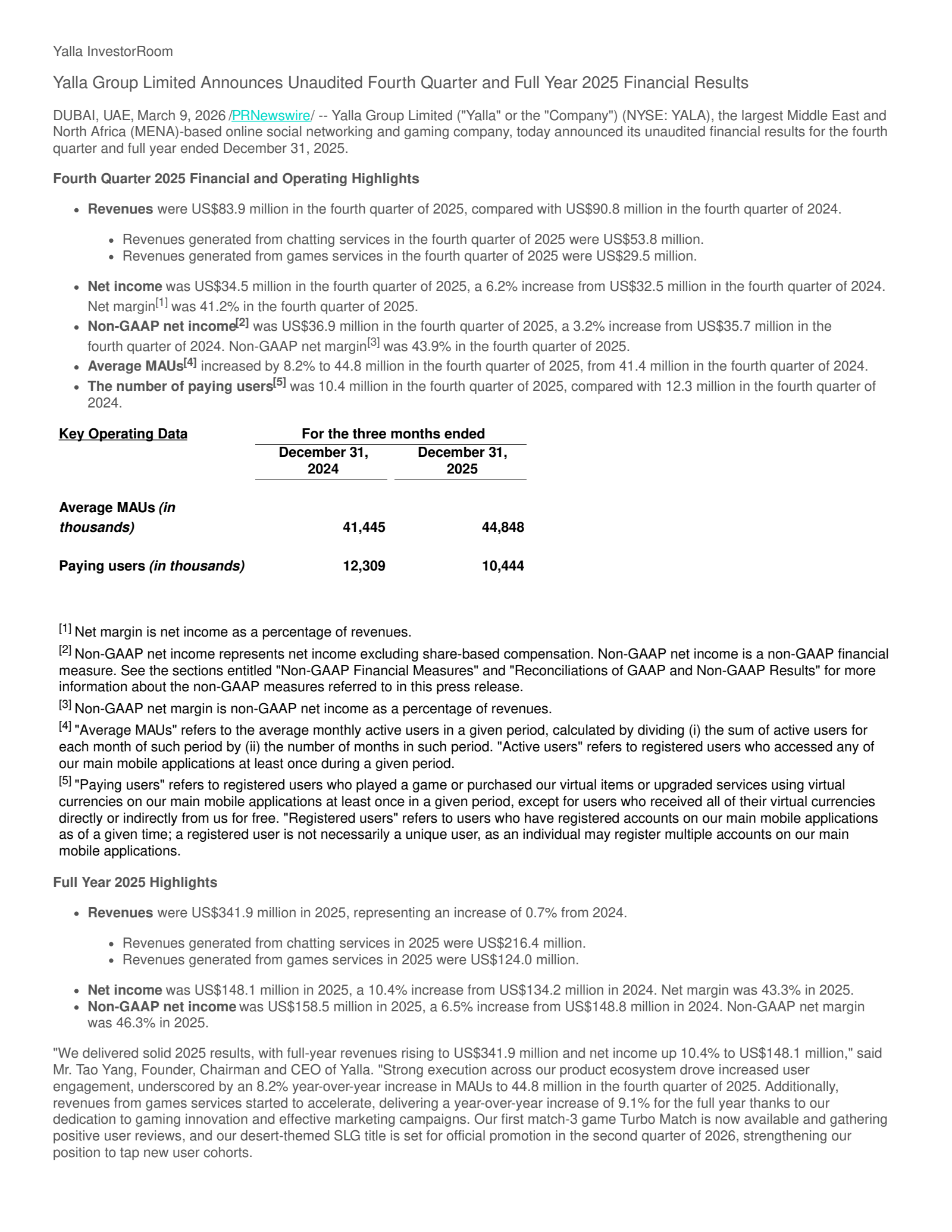 Yalla Group's Q4 2025 Press Release