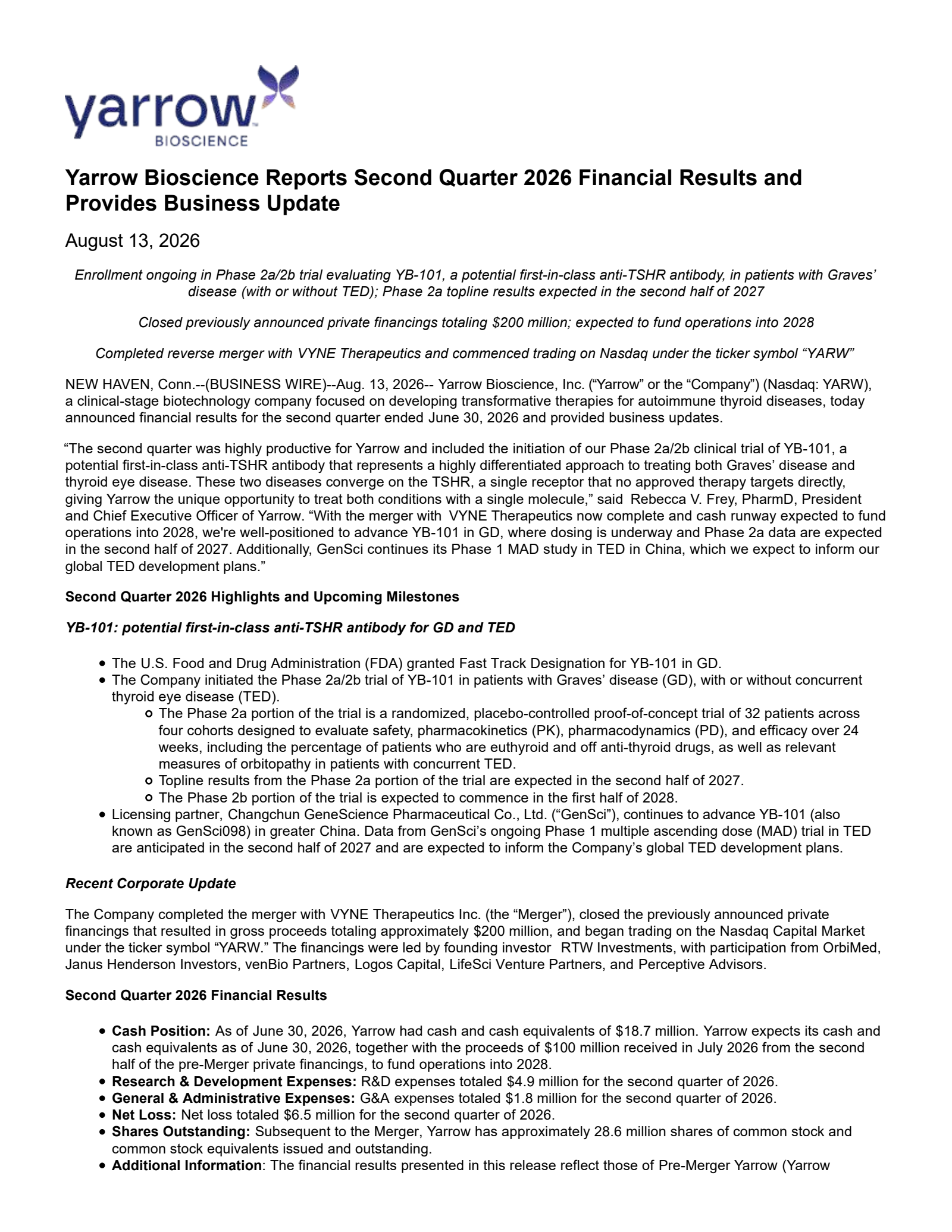 VYNE Therapeutics' Q2 2026 Press Release