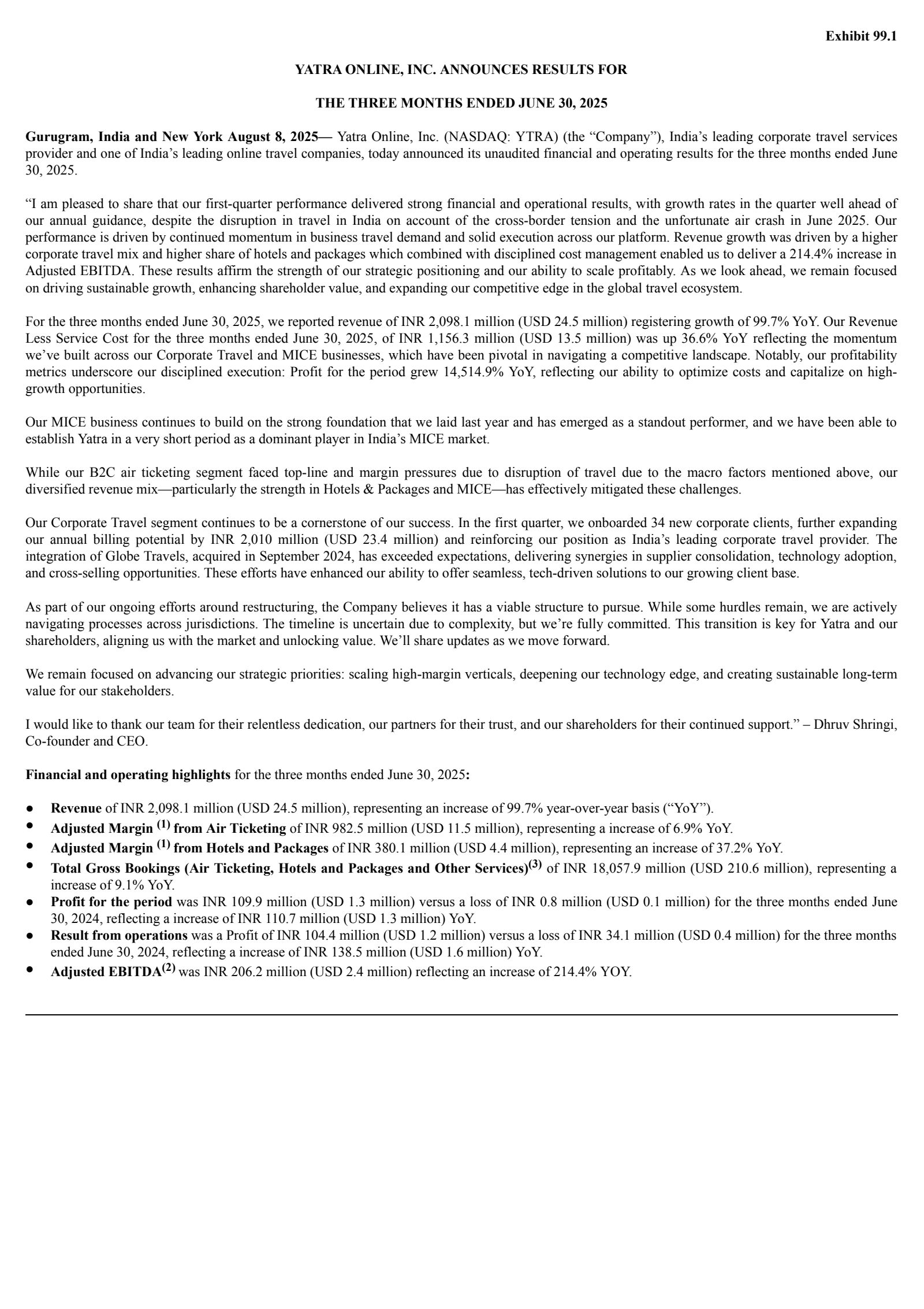 Yatra Online's Q1 2026 Press Release
