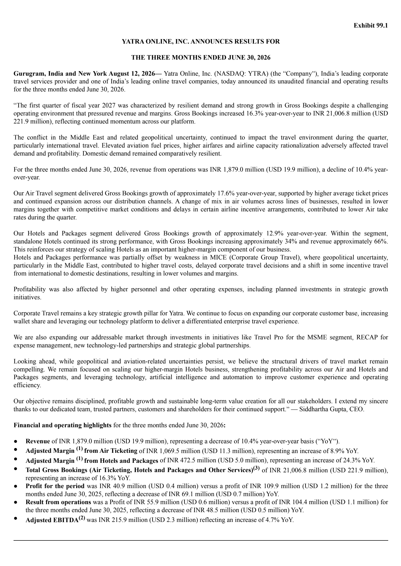 Yatra Online's Q1 2027 Press Release