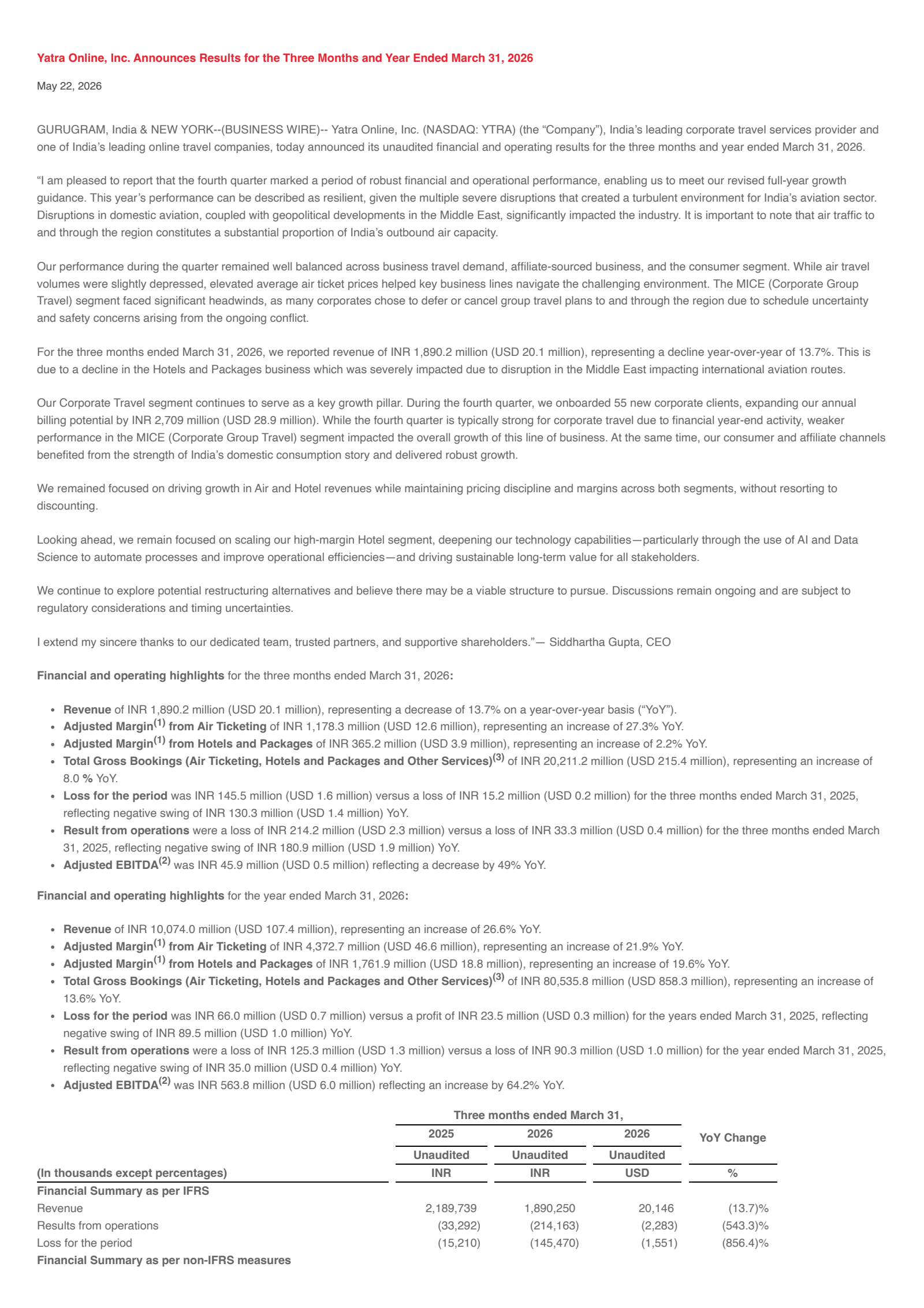 Yatra Online's Q4 25/26 Press Release