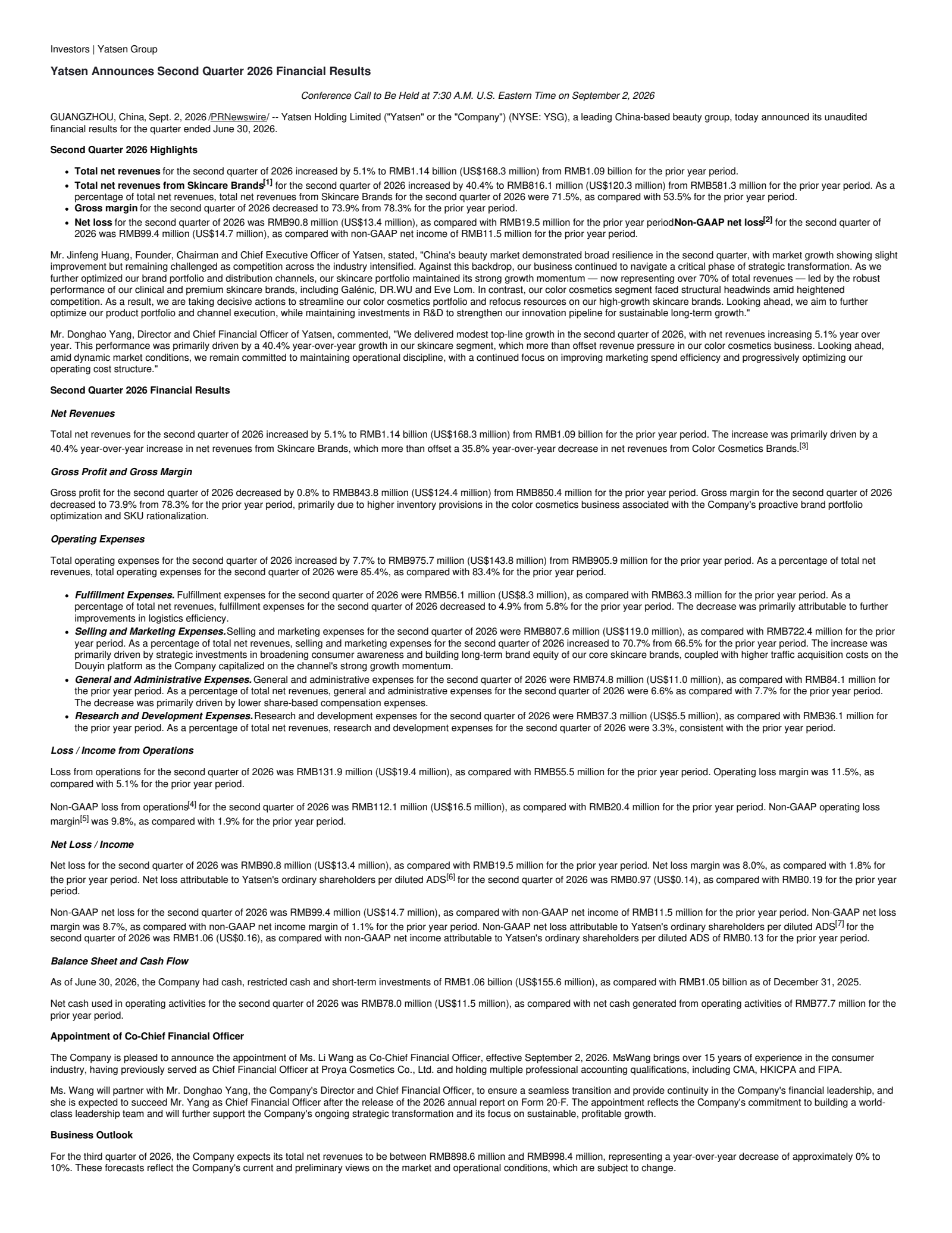 Yatsen's Q2 2026 Press Release