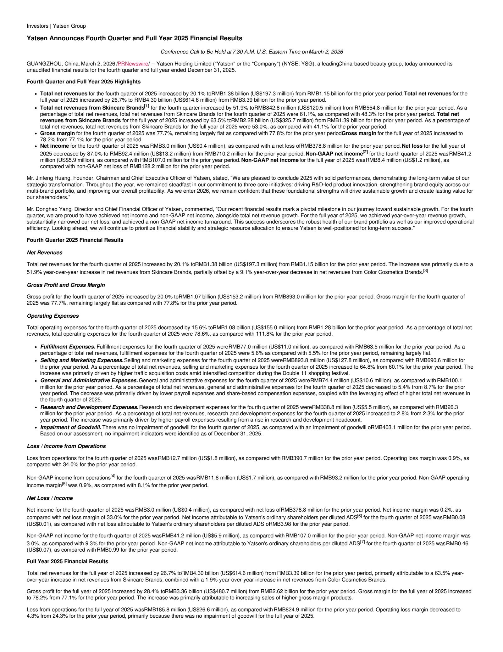 Yatsen's Q4 2025 Press Release