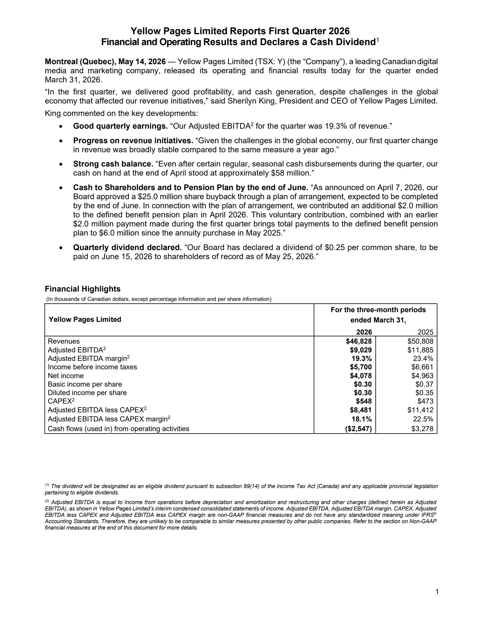 Yellow Pages' Q1 2026 Press Release