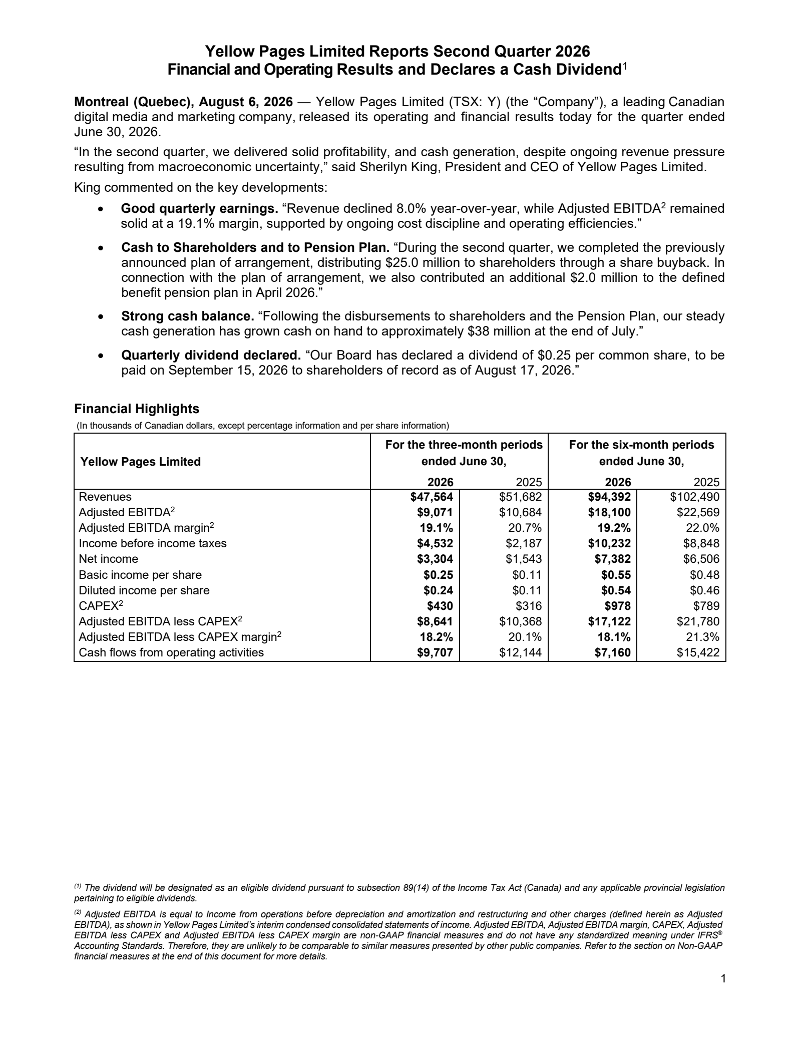 Yellow Pages' Q2 2026 Press Release