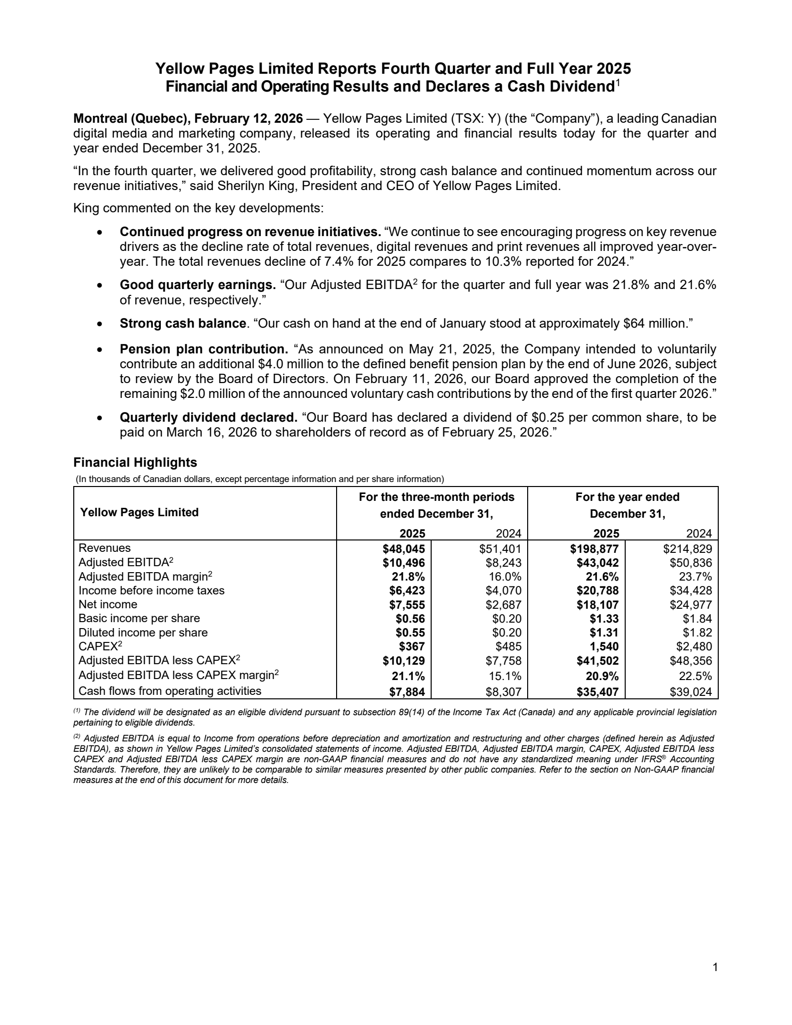 Yellow Pages' Q4 2025 Press Release
