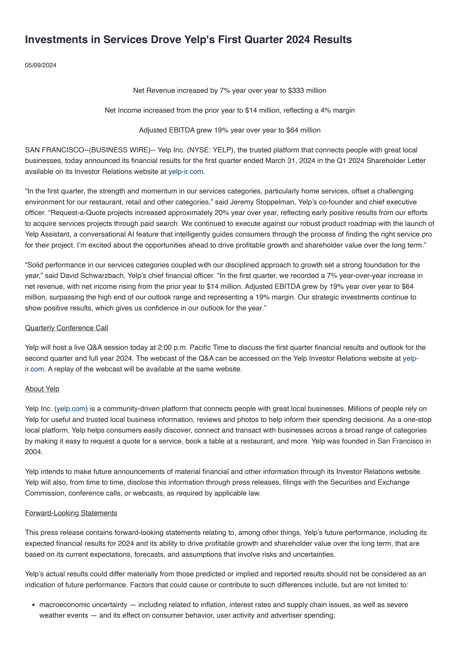 Yelp's Q1 2024 Earnings Release