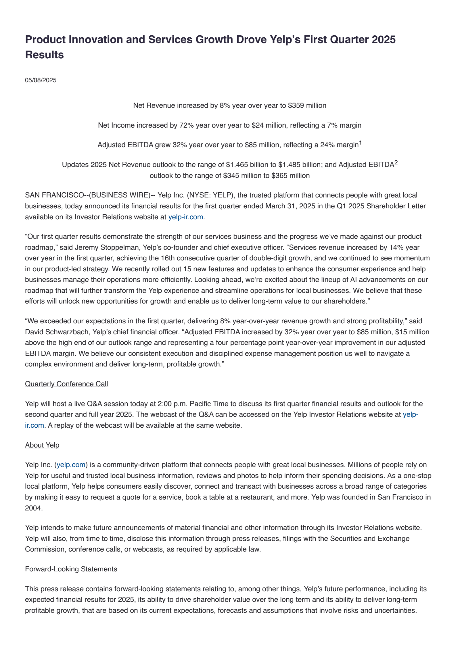 Yelp's Q1 2025 Earnings Release