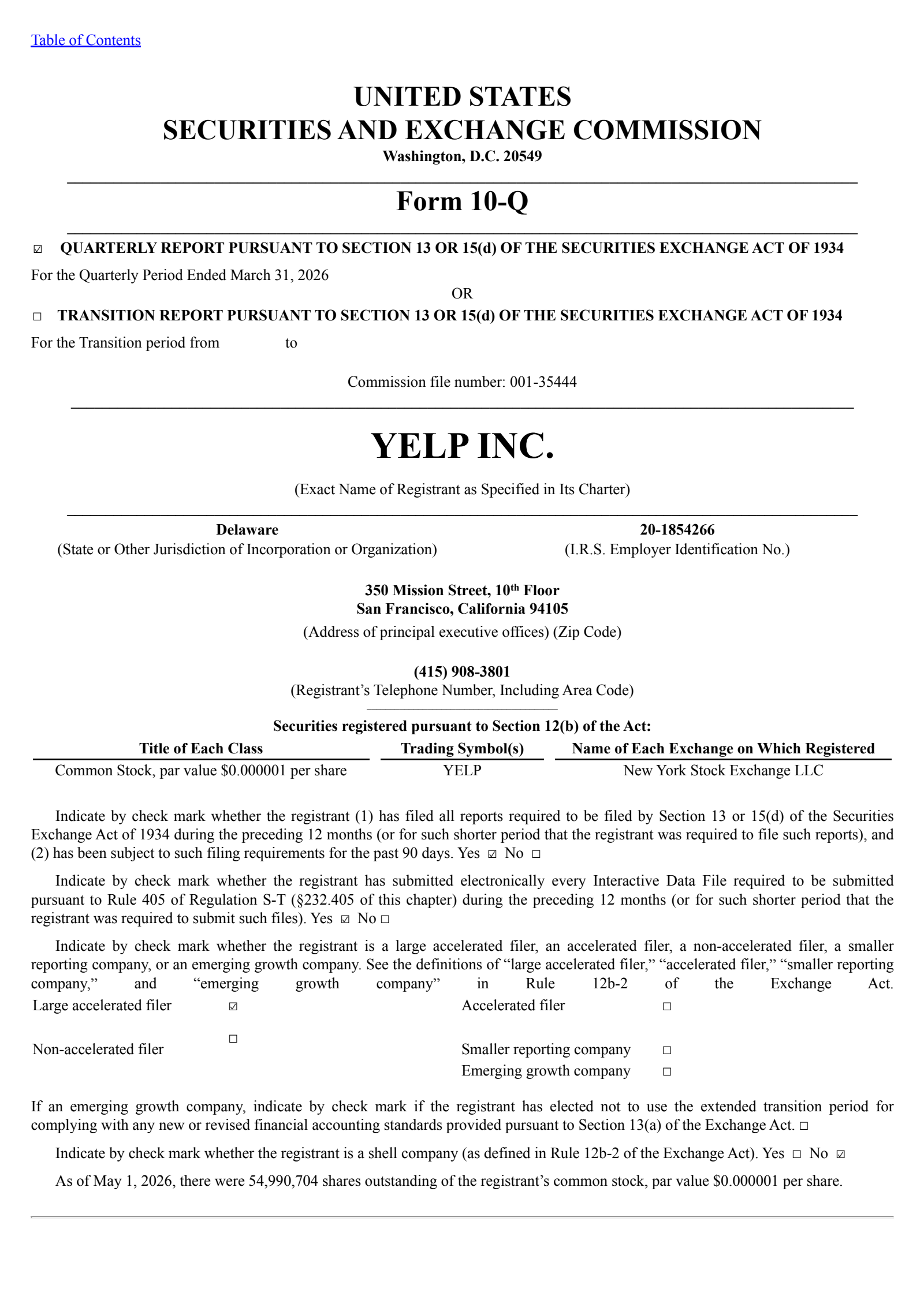 Yelp's Q1 2026 Quarterly report
