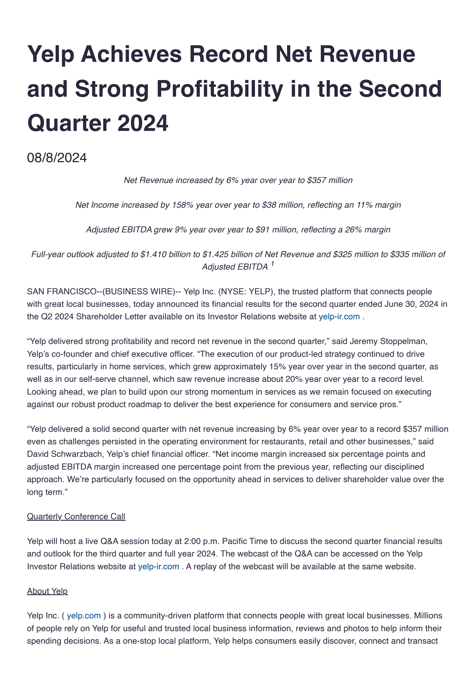 Yelp's Q2 2024 Earnings Release