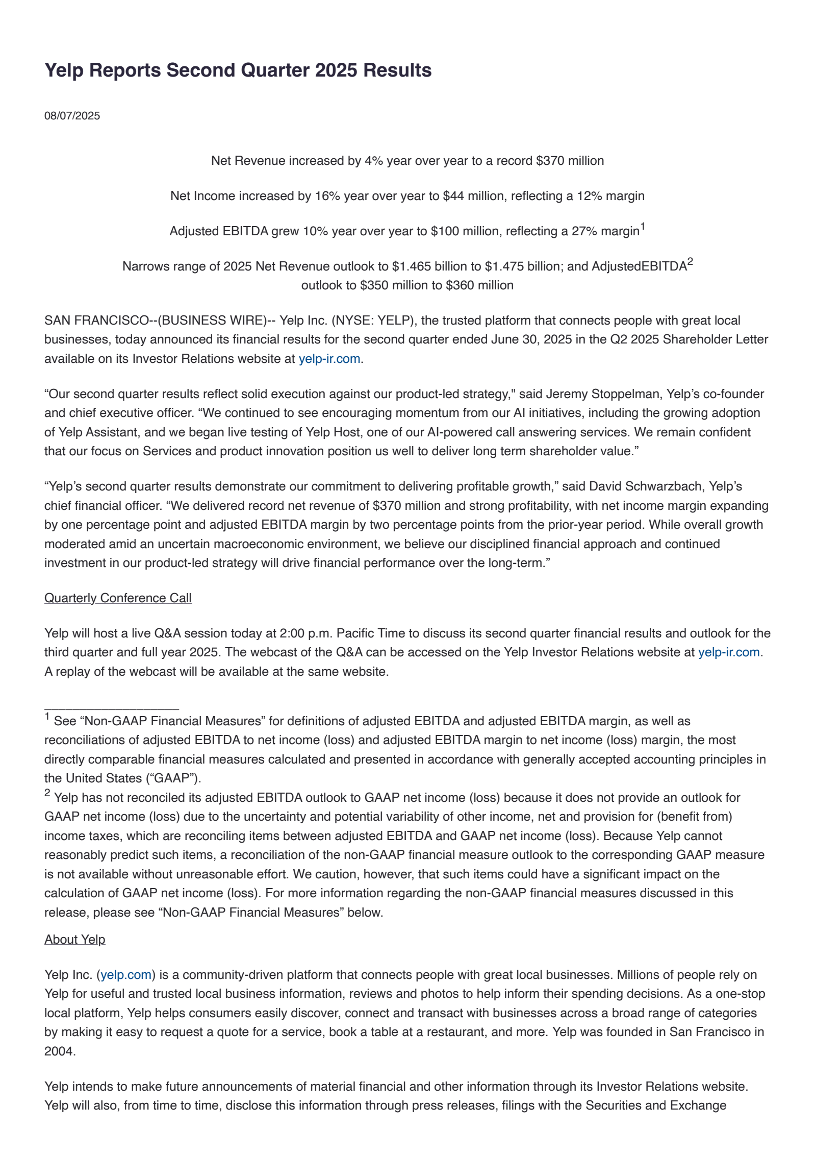 Yelp's Q2 2025 Earnings Release