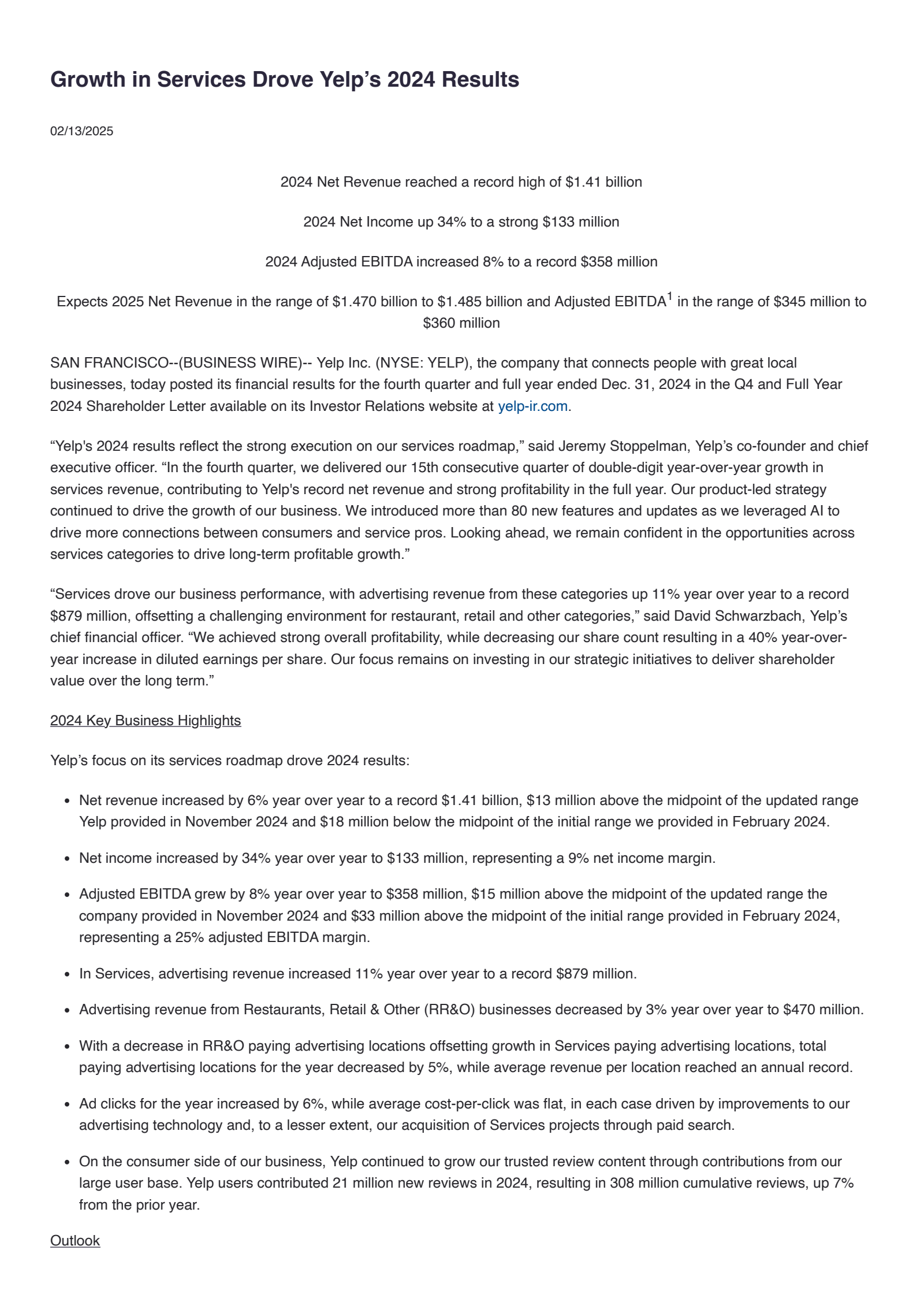 Yelp's Q4 2024 Earnings Release