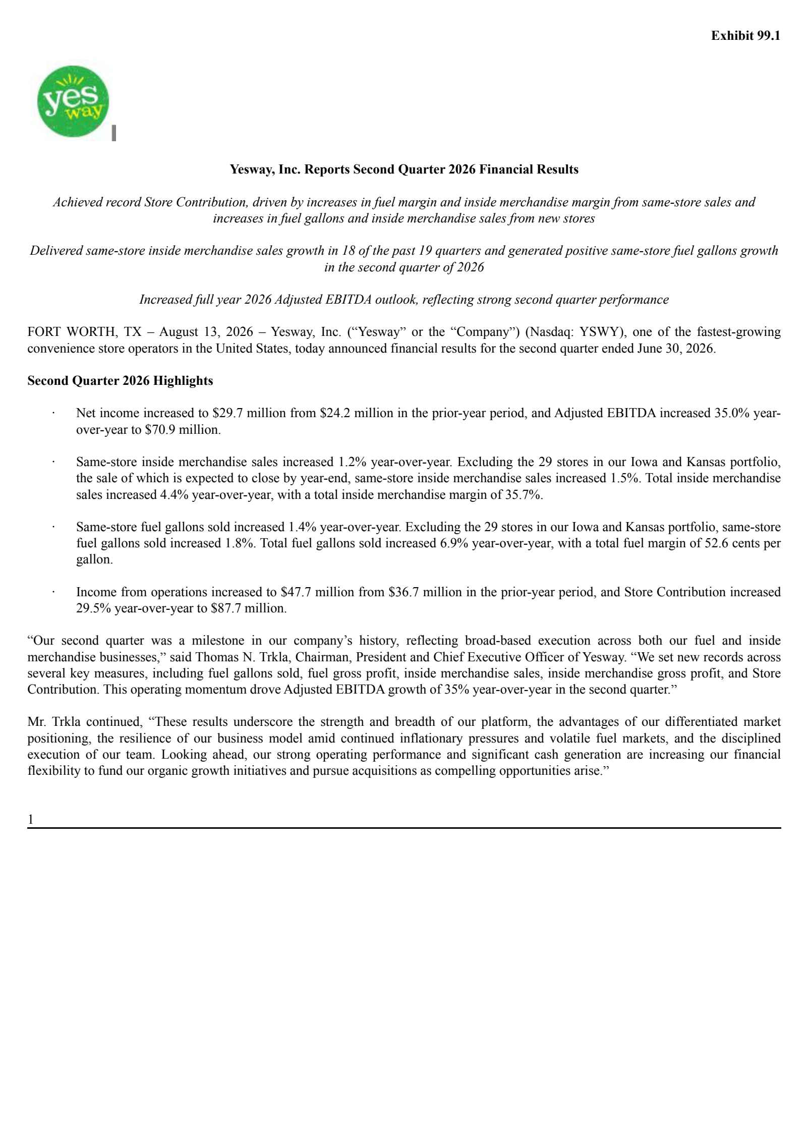 Yesway's Q2 2026 Press Release