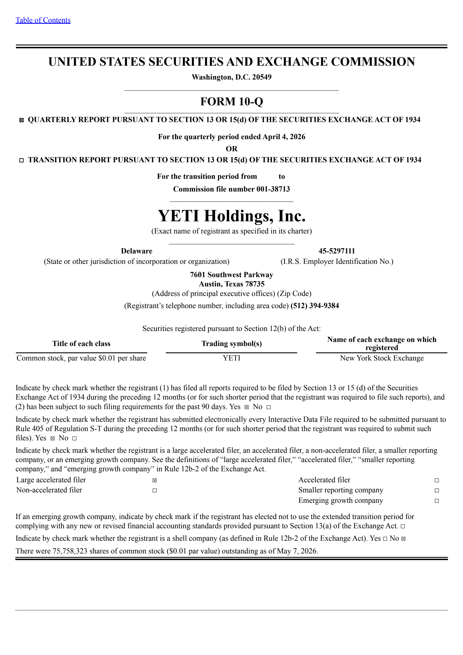 YETI's Q1 2026 Quarterly report