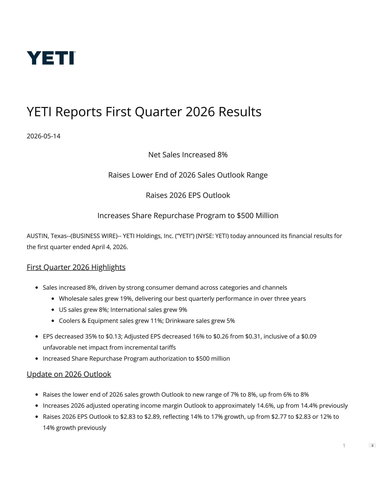 YETI's Q1 2026 Press Release