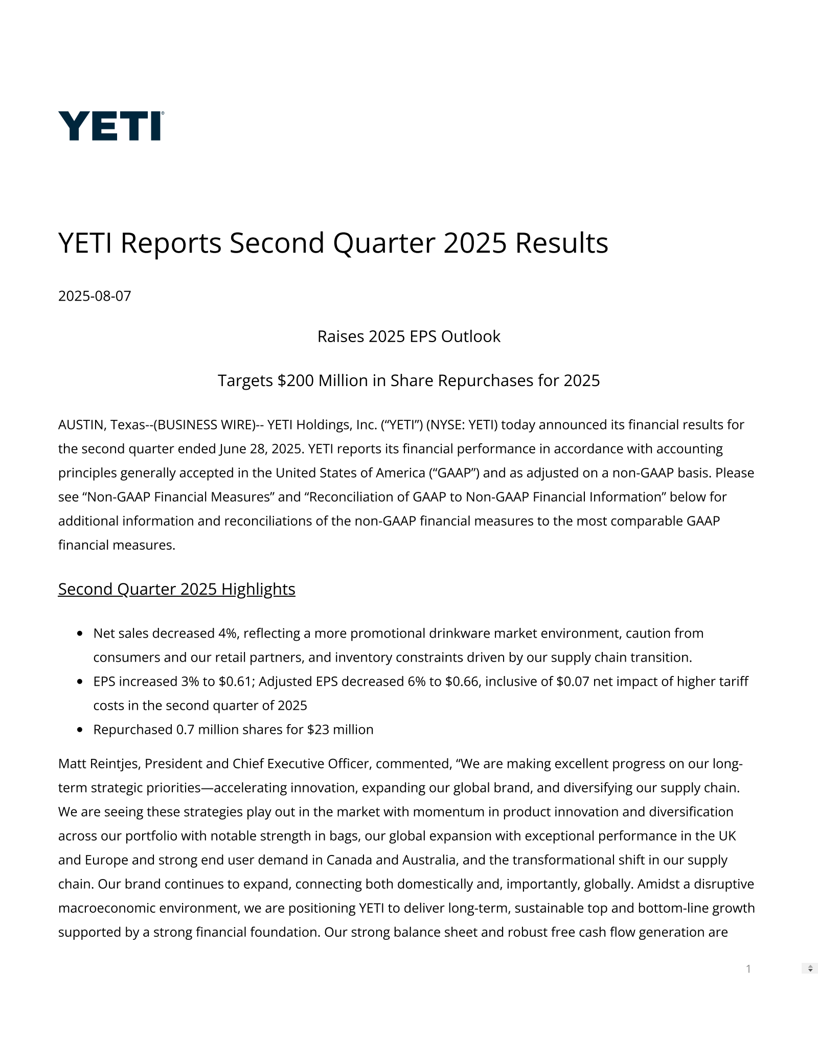 YETI's Q2 2025 Press Release