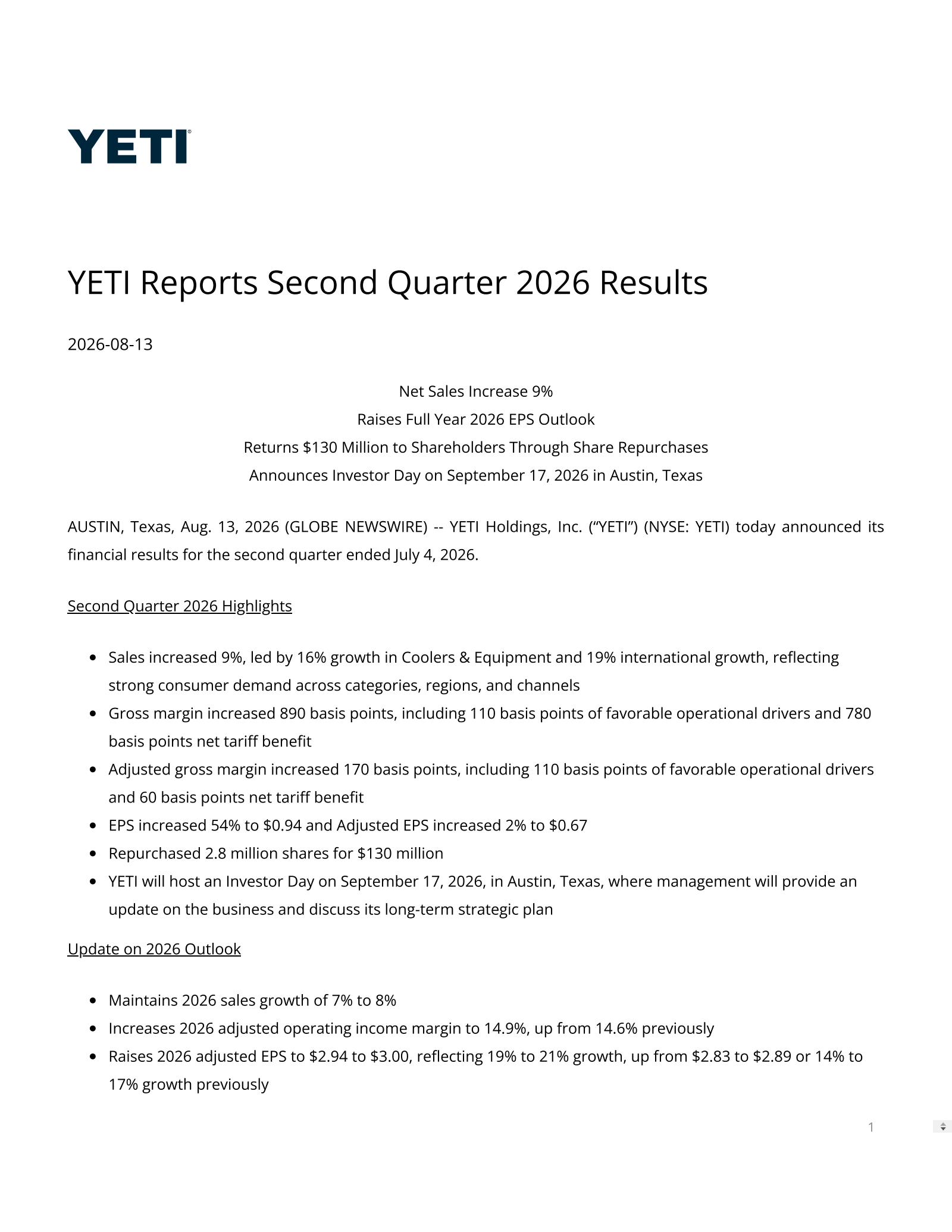 YETI's Q2 2026 Press Release