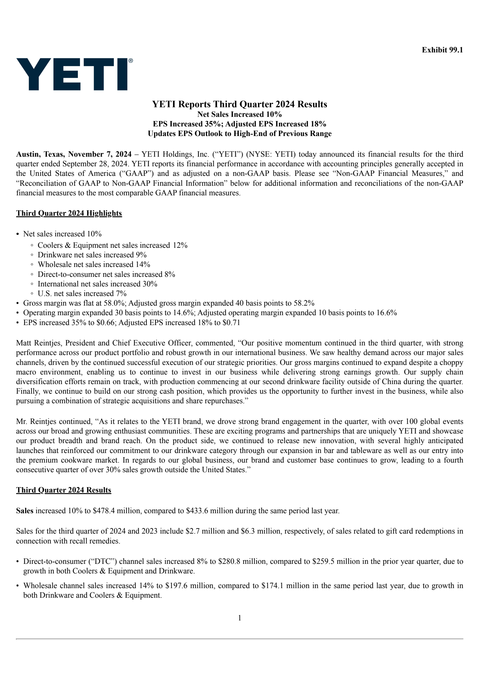 YETI's Q3 2024 Press Release