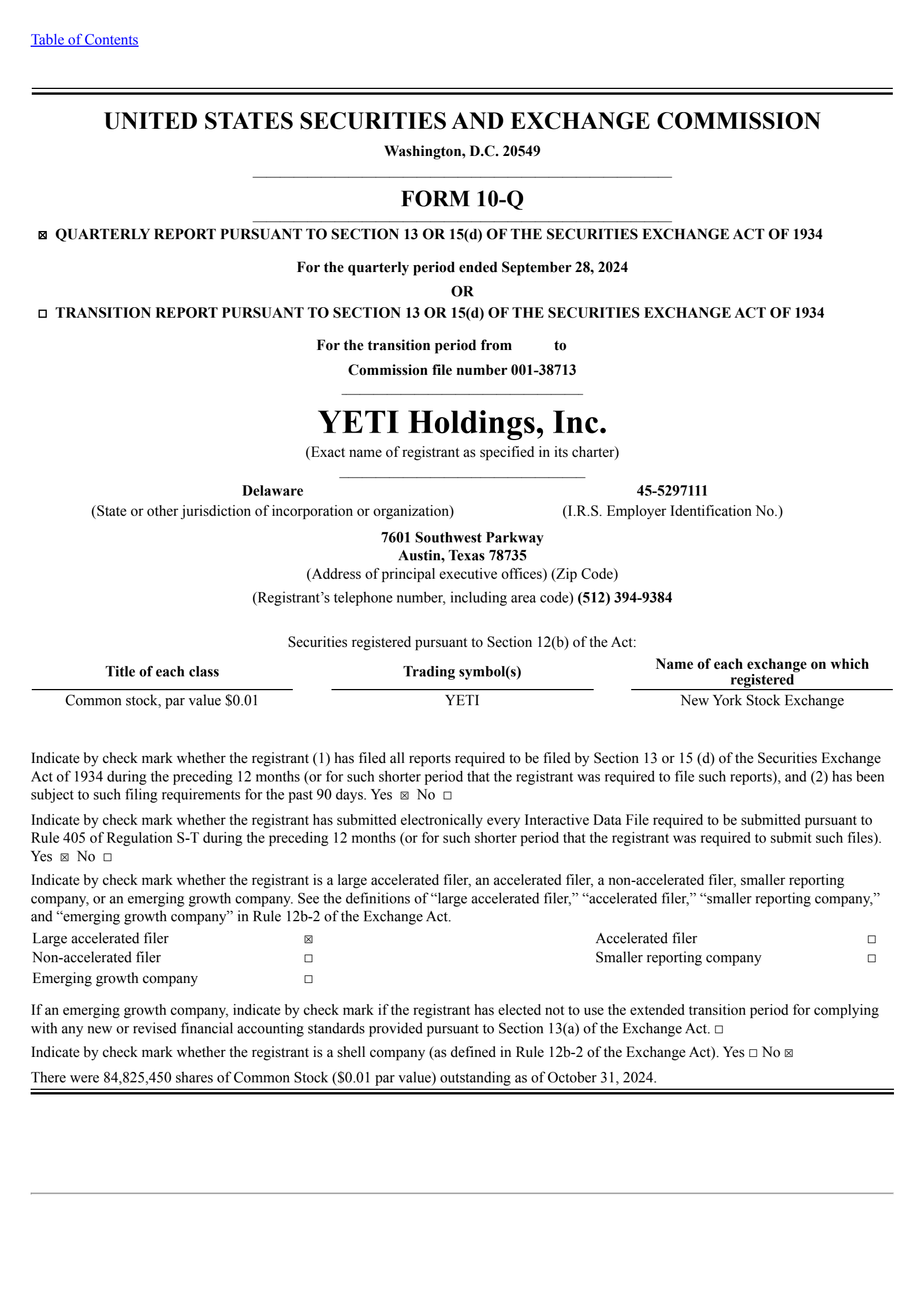 YETI's Q3 2024 Quarterly report