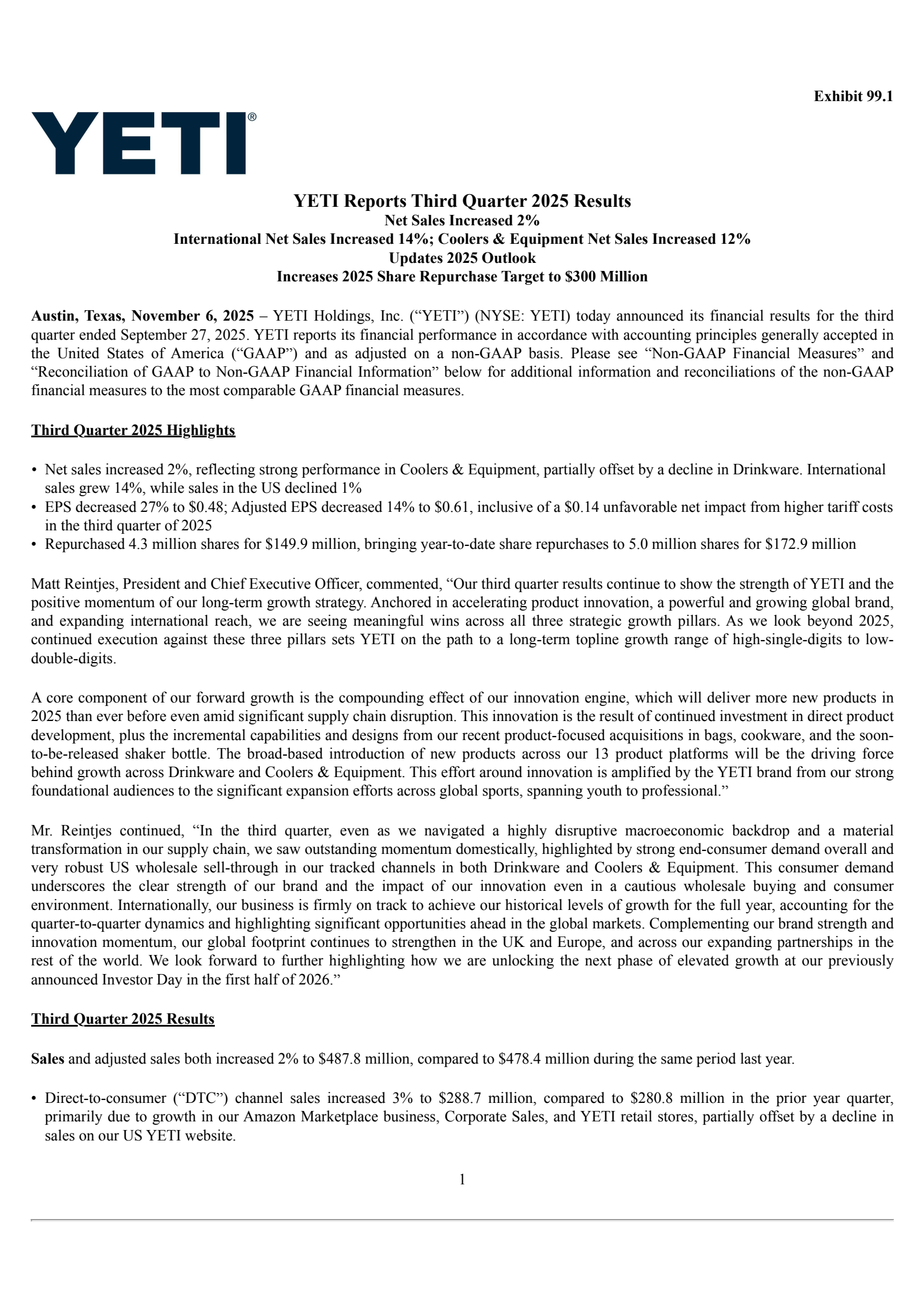 YETI's Q3 2025 Earnings Release