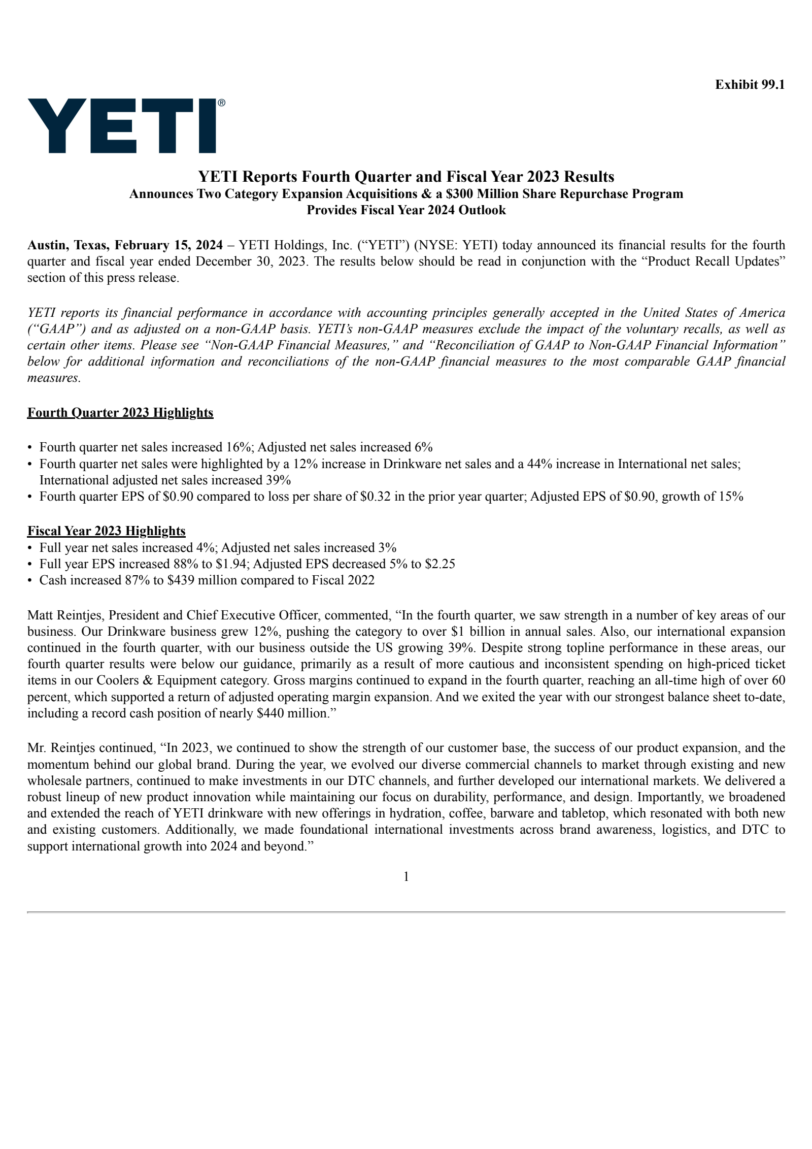 YETI's Q4 2023 Press Release