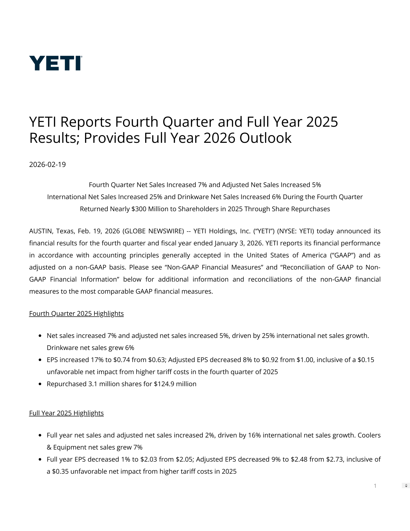 YETI's Q4 2025 Press Release