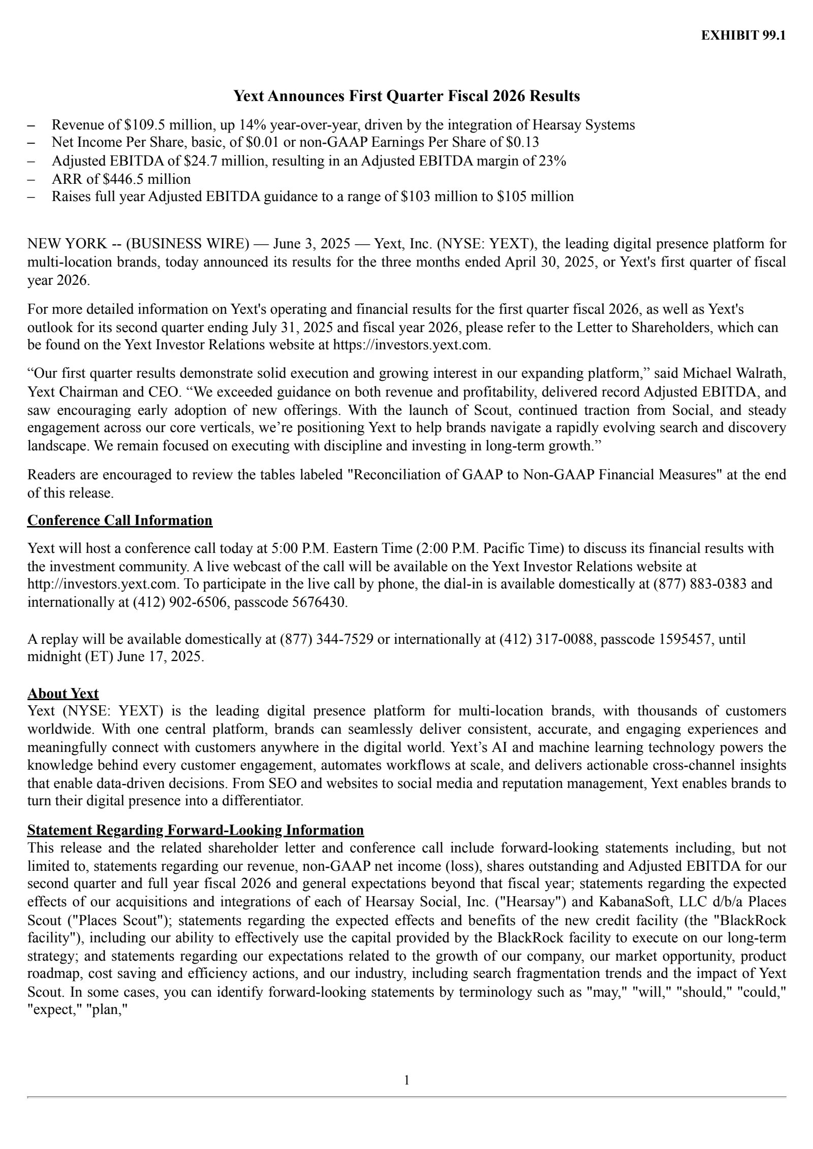 Yext's Q1 2026 Press Release
