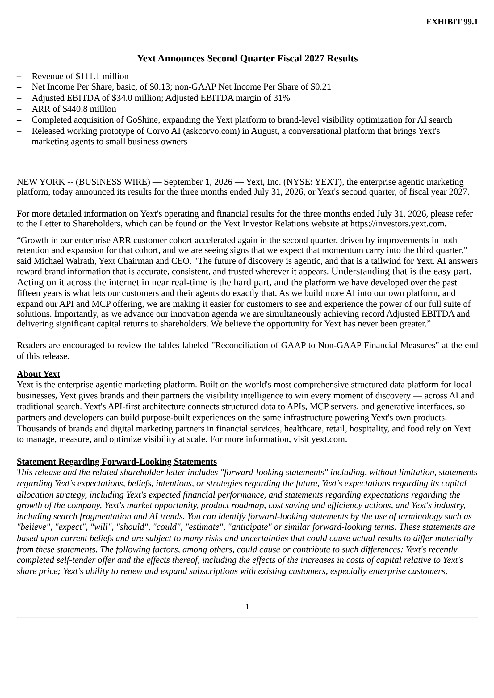 Yext's Q2 2027 Press Release