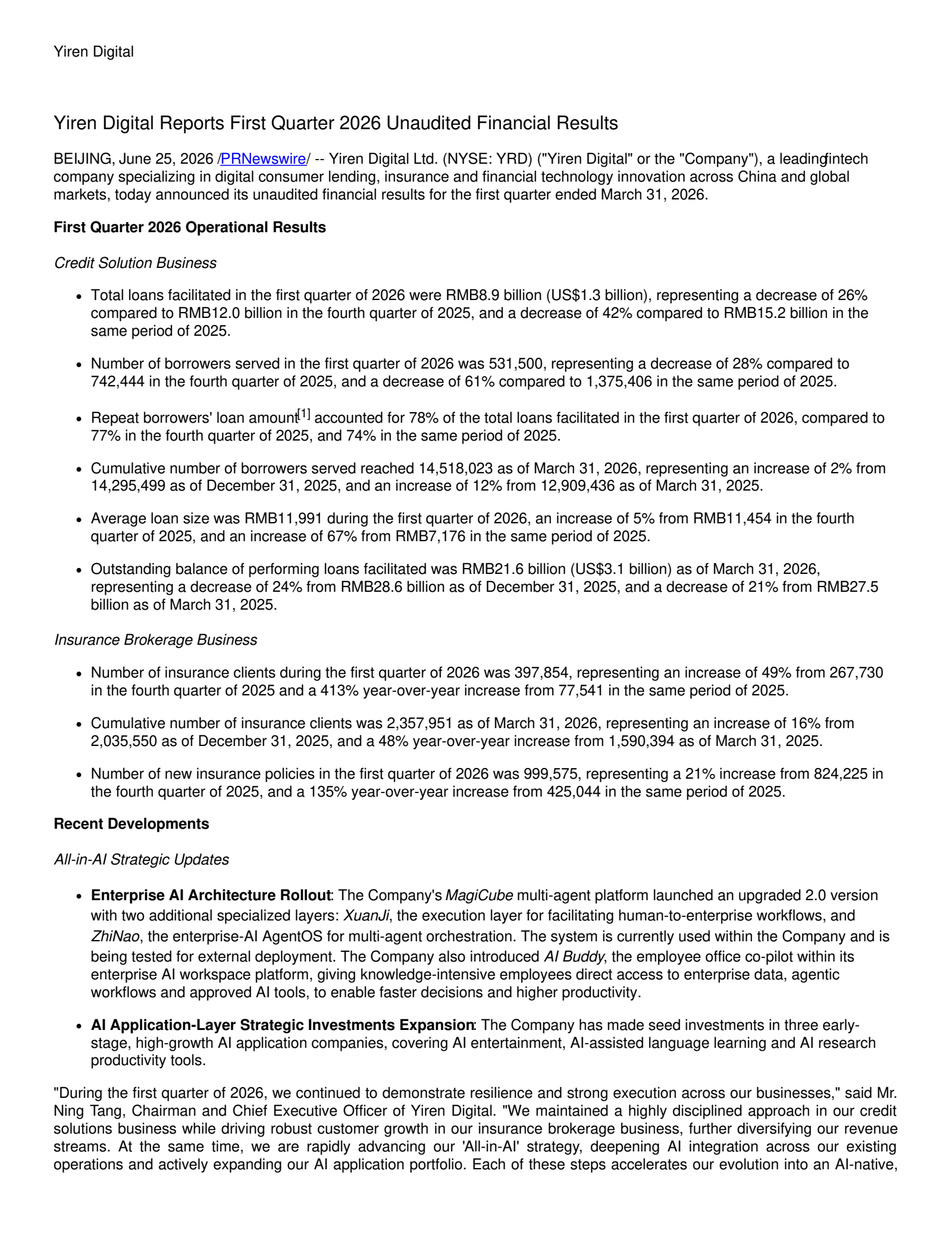 Yirendai's Q1 2026 Press Release